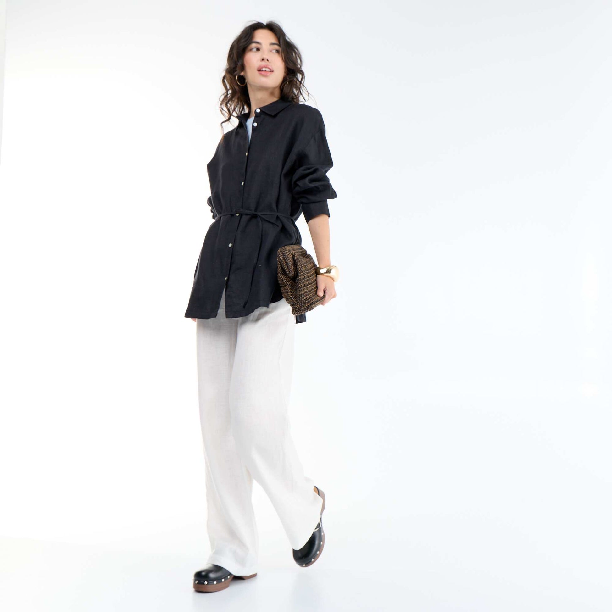 Solid long linen shirt BLACK