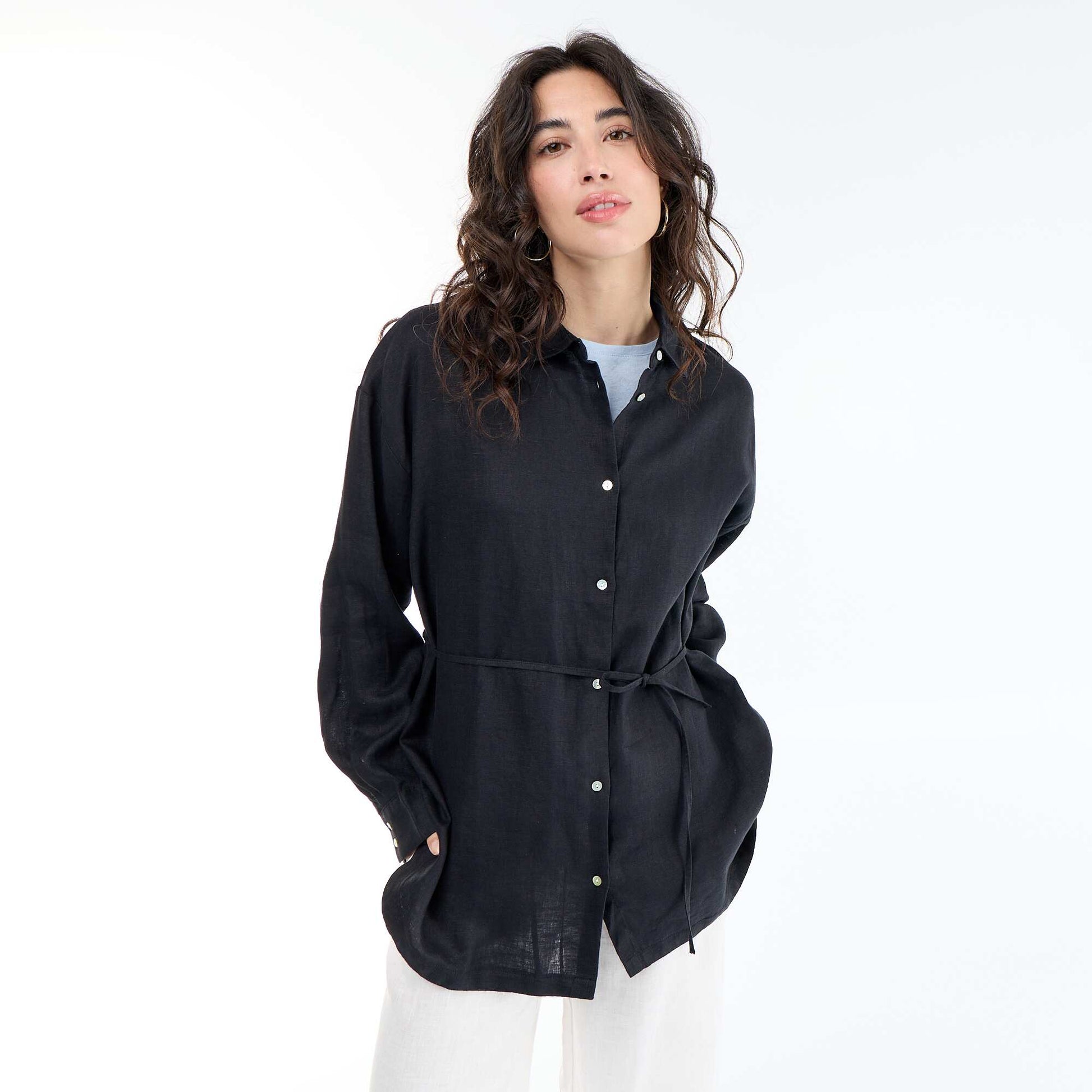 Solid long linen shirt BLACK