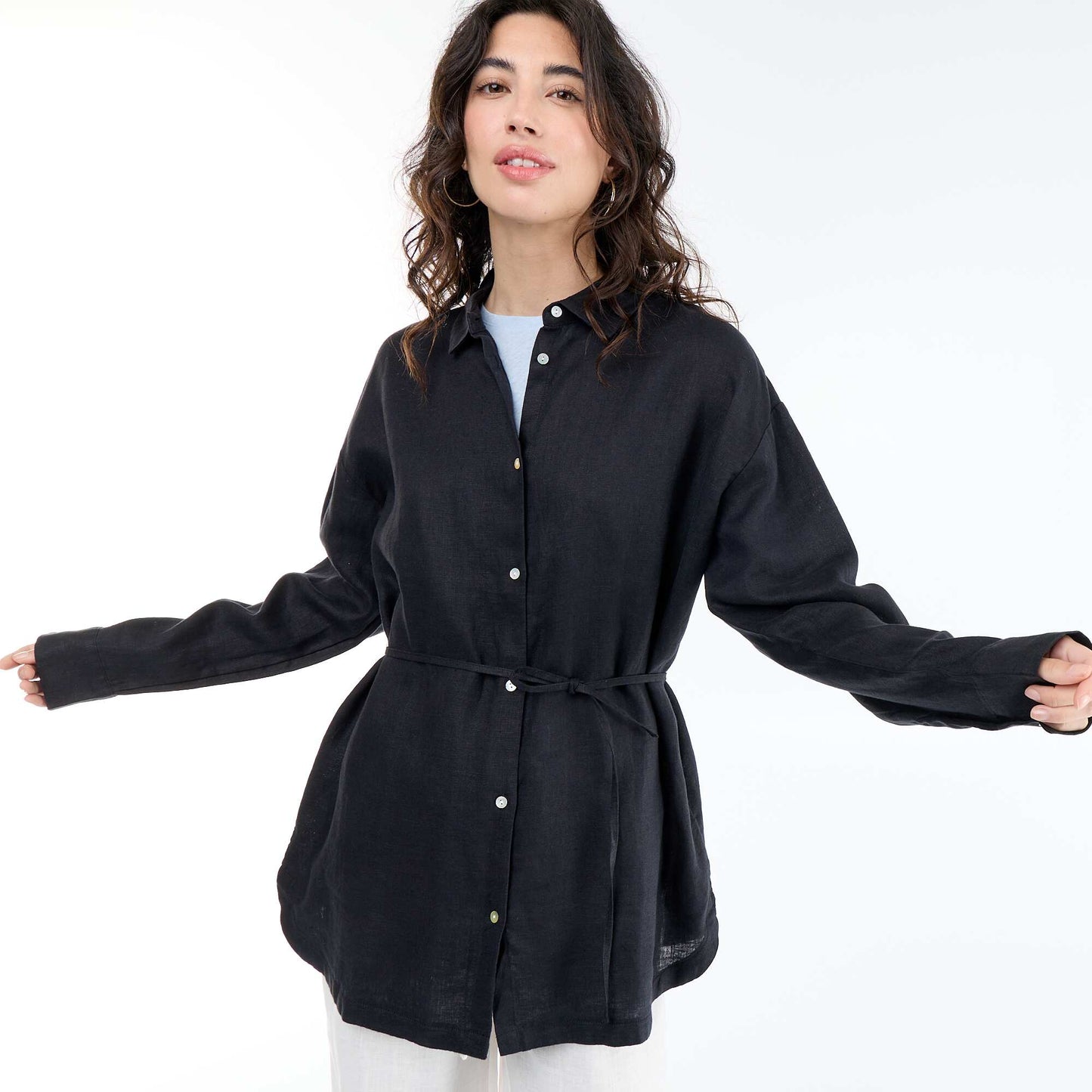 Solid long linen shirt BLACK