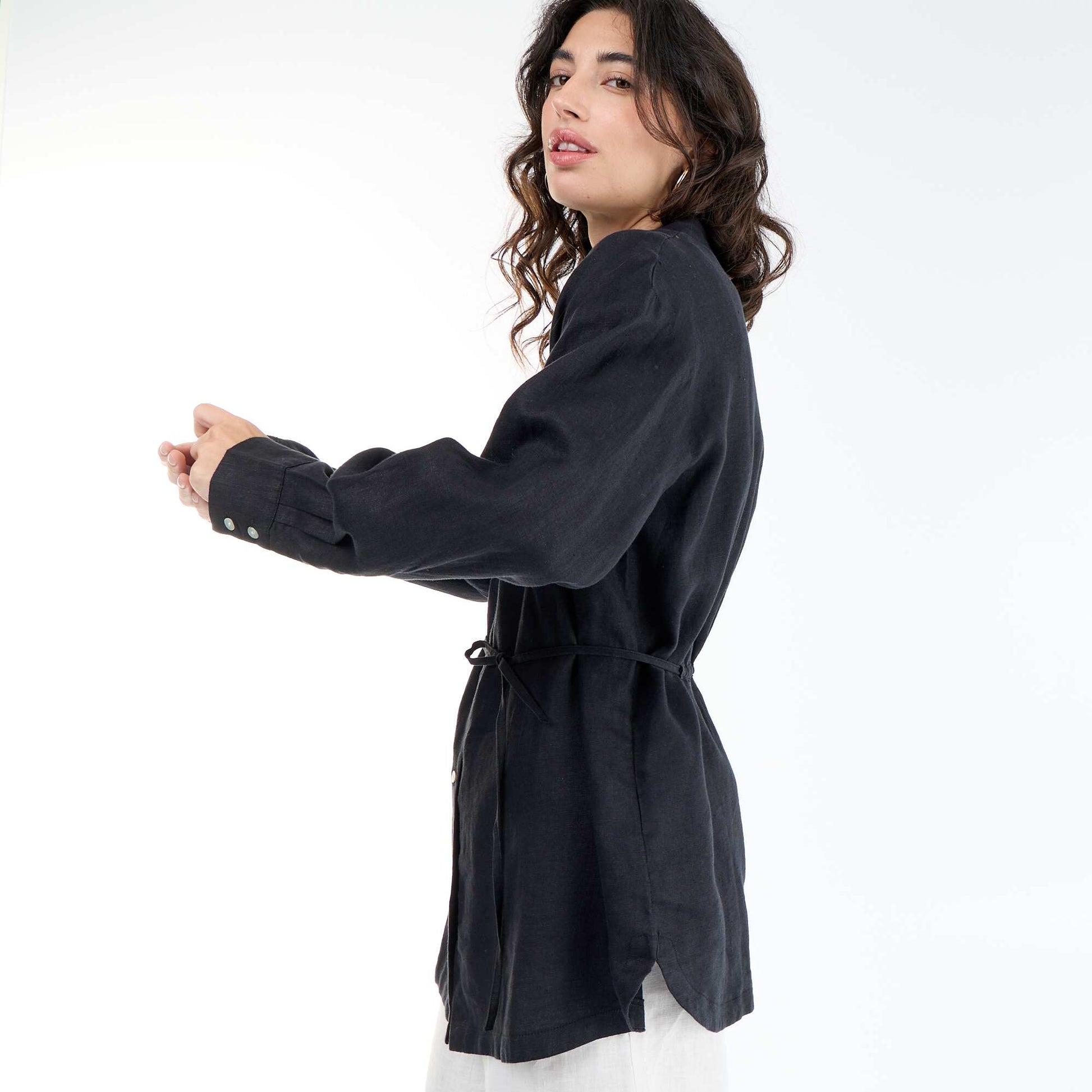 Solid long linen shirt BLACK