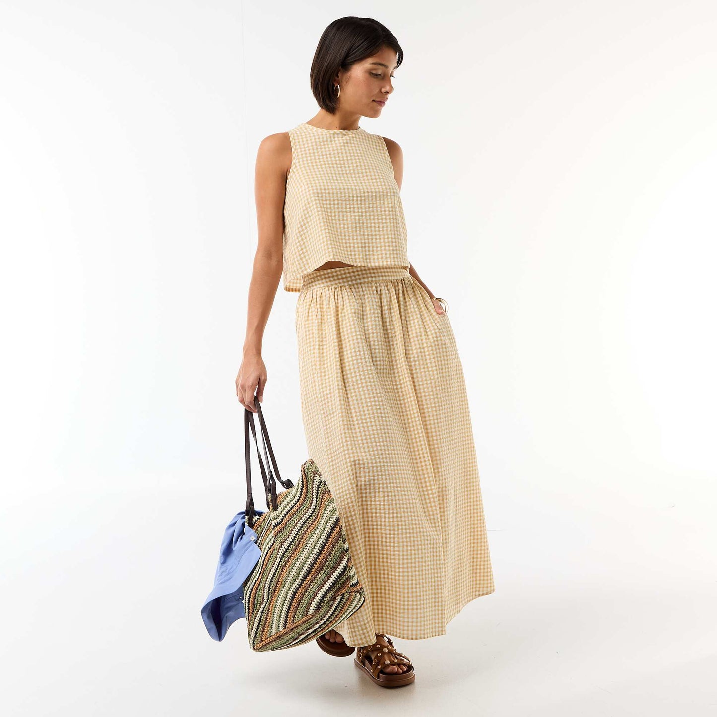 Gingham Sleeveless Top BEIGE
