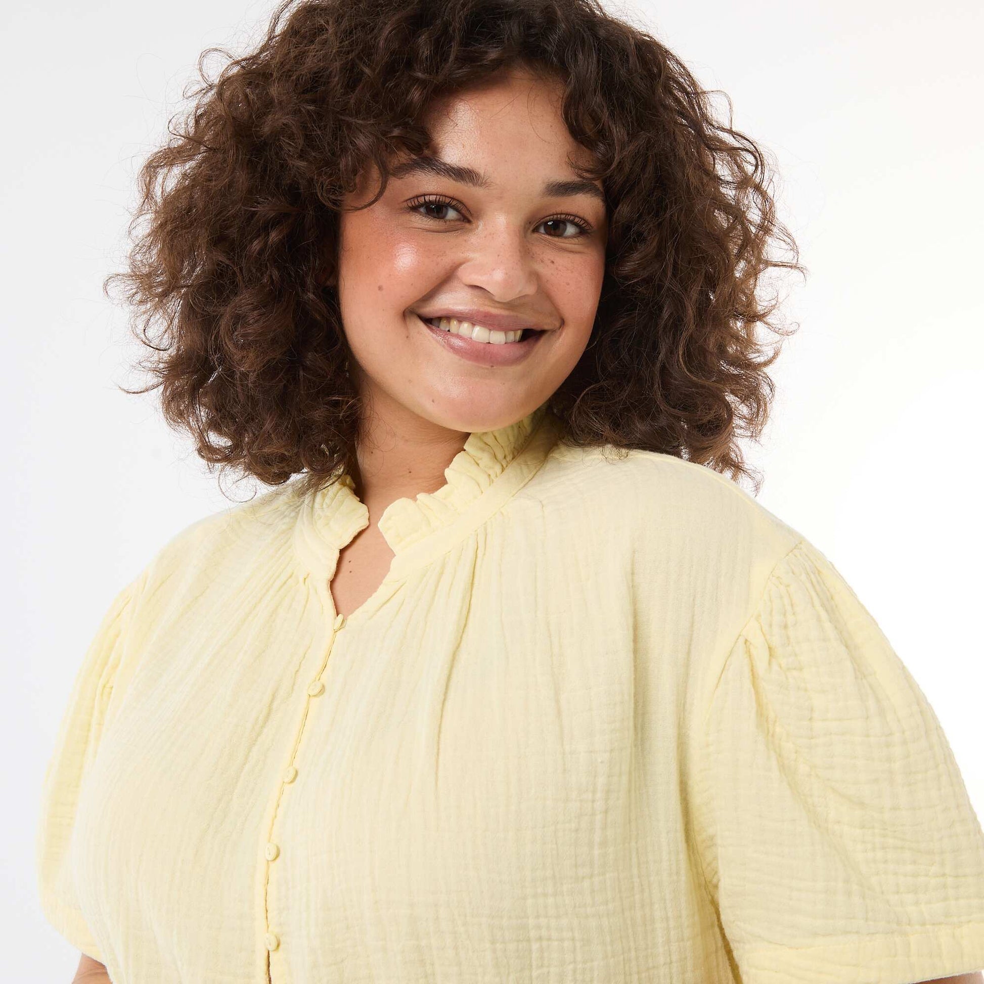 Cotton Gauze Blouse with Ruched Collar YELLOW