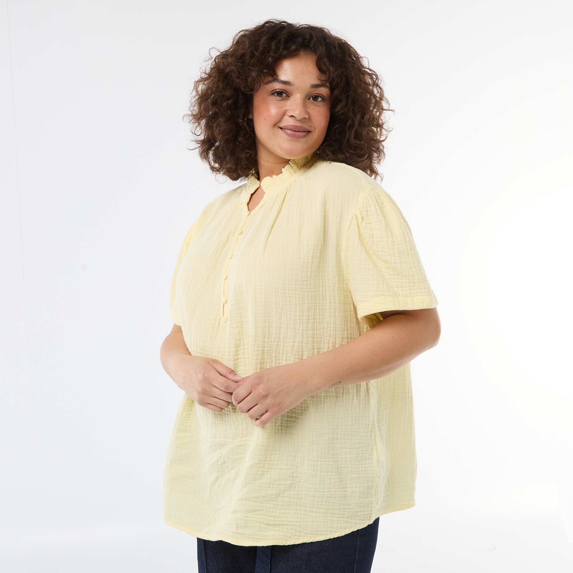 Cotton Gauze Blouse with Ruched Collar YELLOW