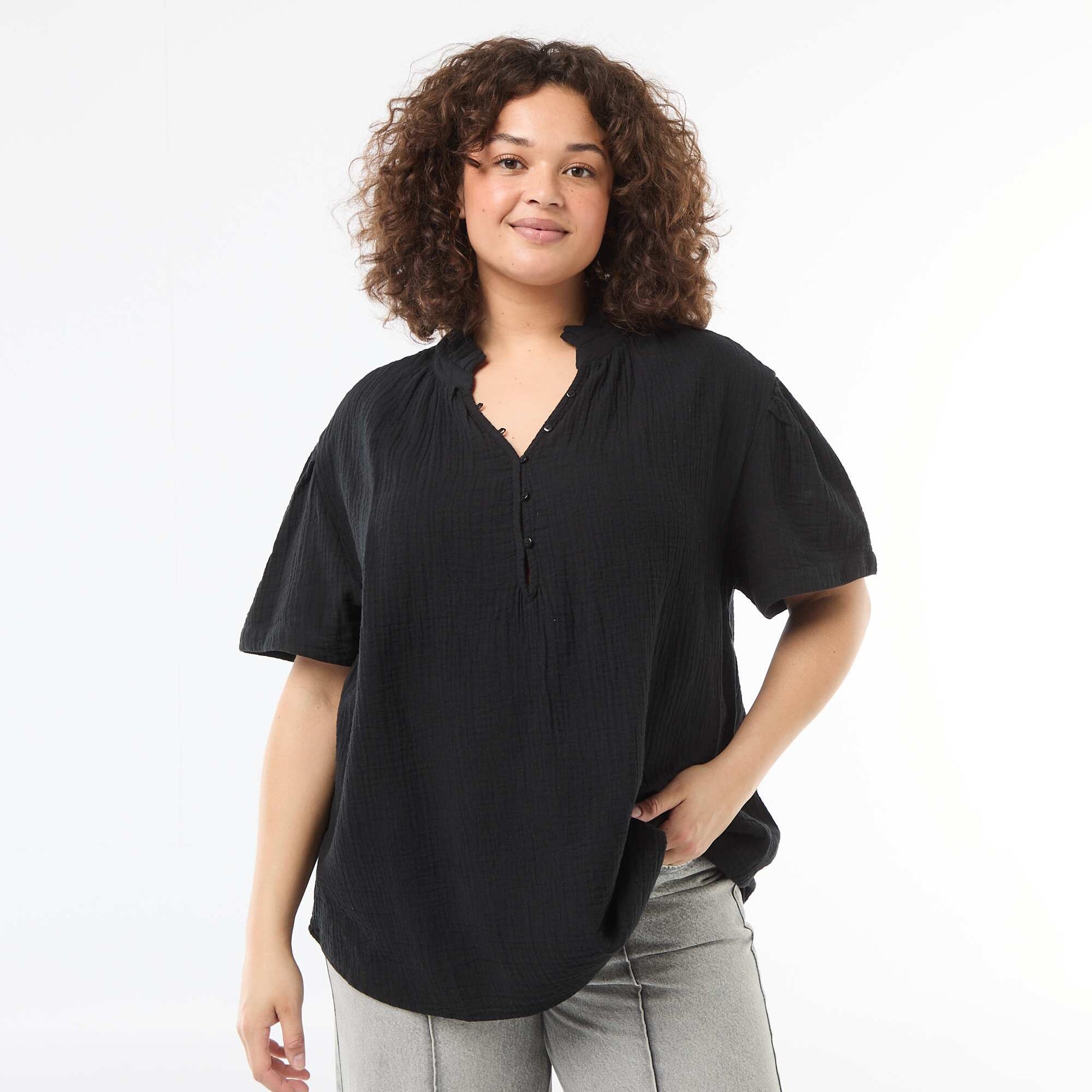 Cotton Gauze Blouse with Ruched Collar BLACK