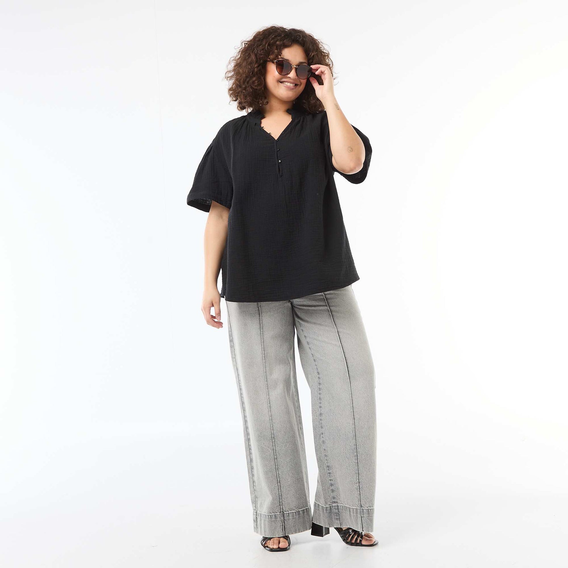 Cotton Gauze Blouse with Ruched Collar BLACK