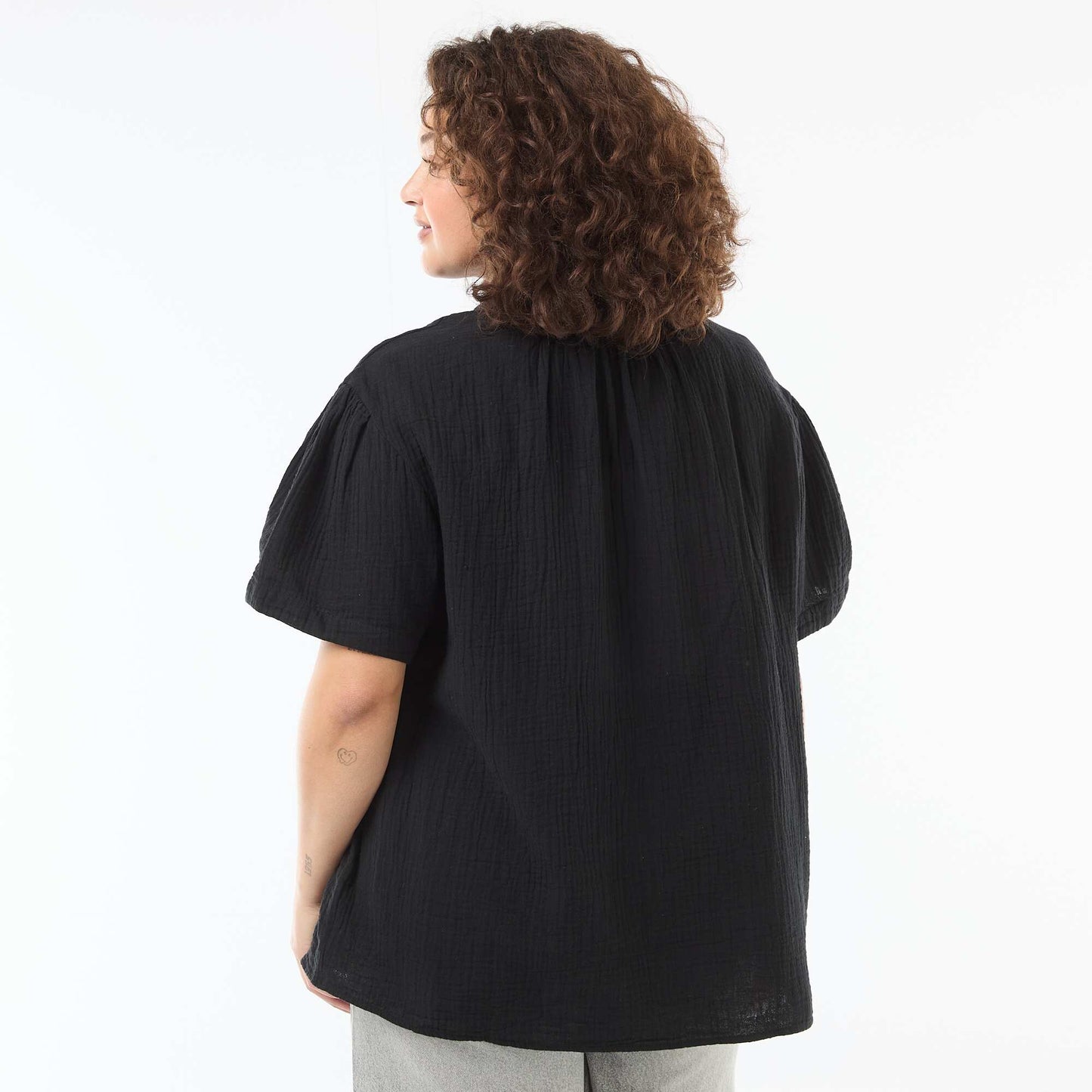 Cotton Gauze Blouse with Ruched Collar BLACK
