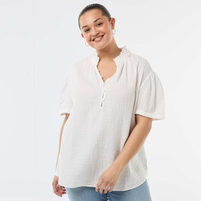 Cotton Gauze Blouse with Ruched Collar WHITE