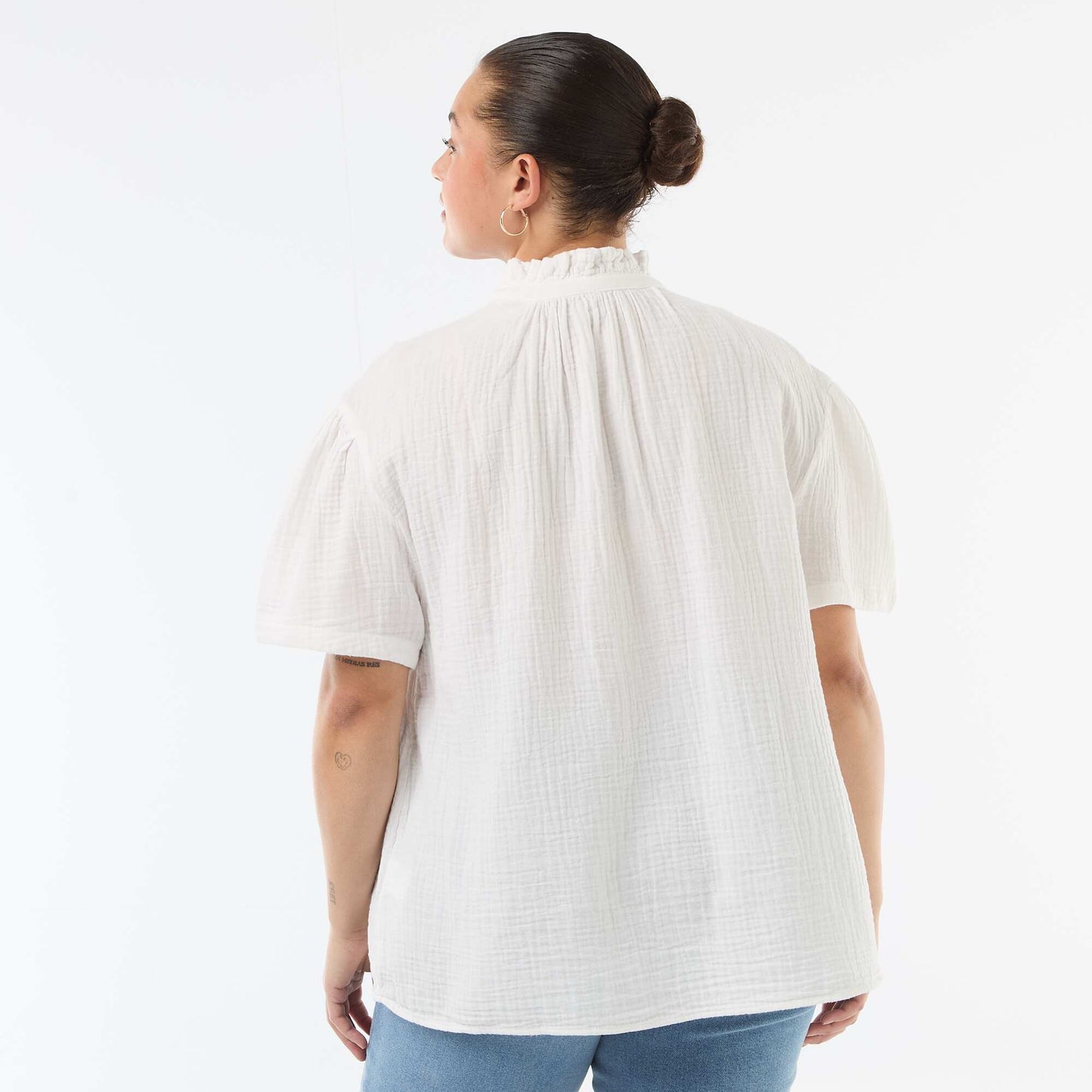 Cotton Gauze Blouse with Ruched Collar WHITE