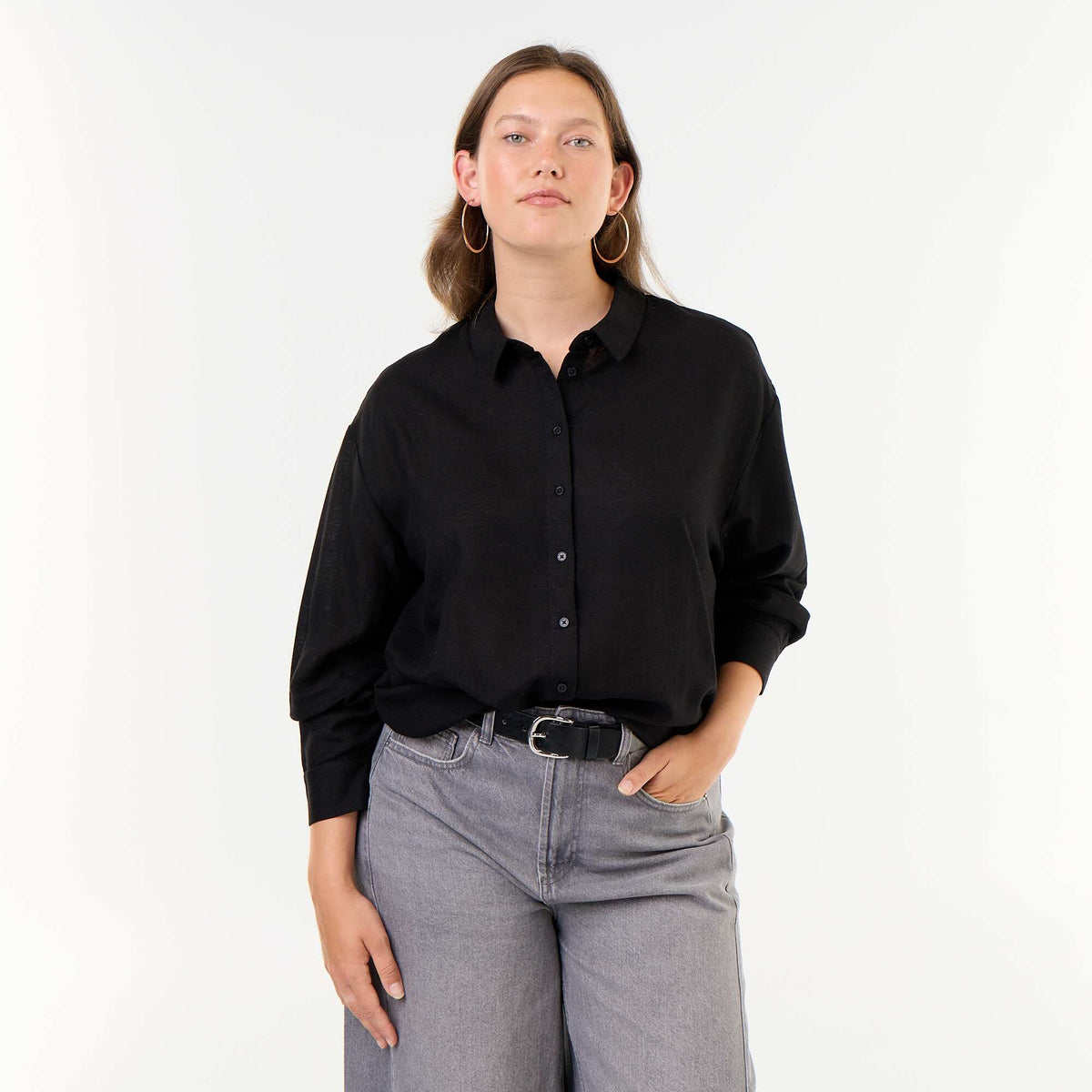 Long-Sleeved Flowy Blouse BLACK