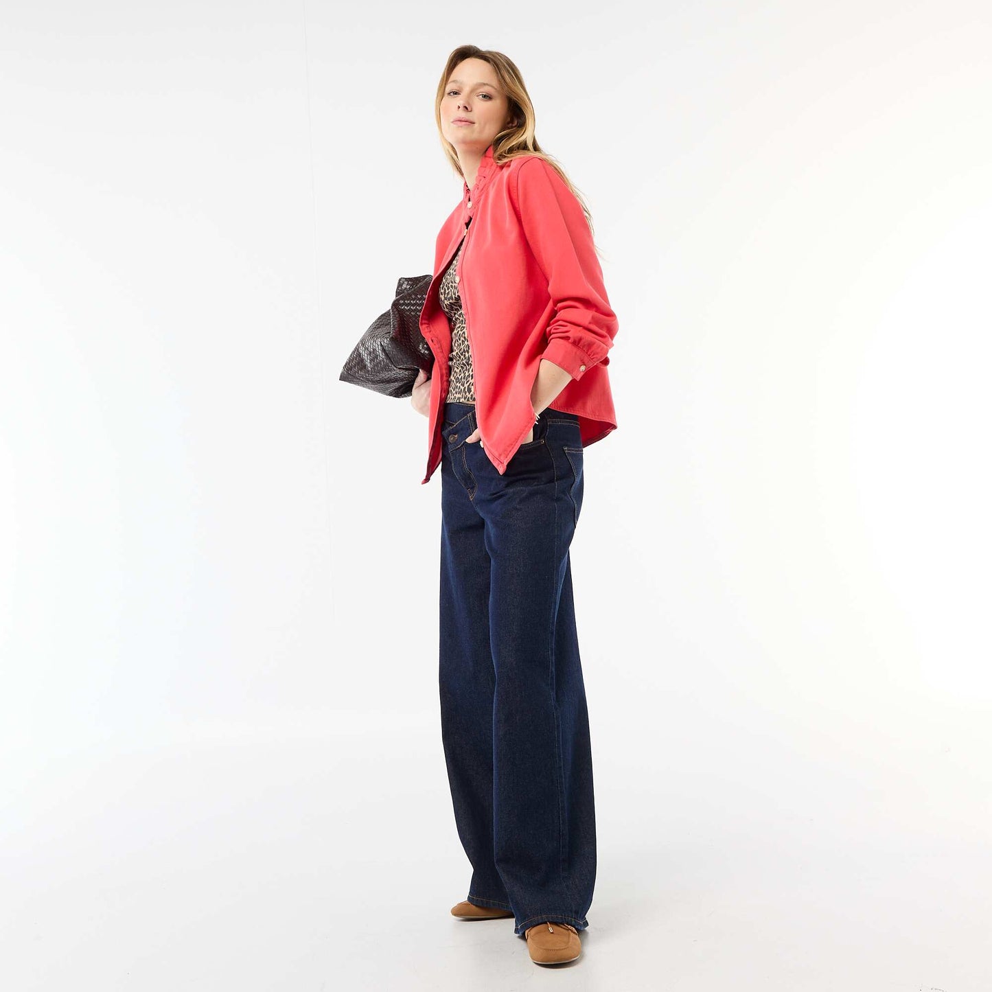 Denim Blouse with Ruffled Collar RED