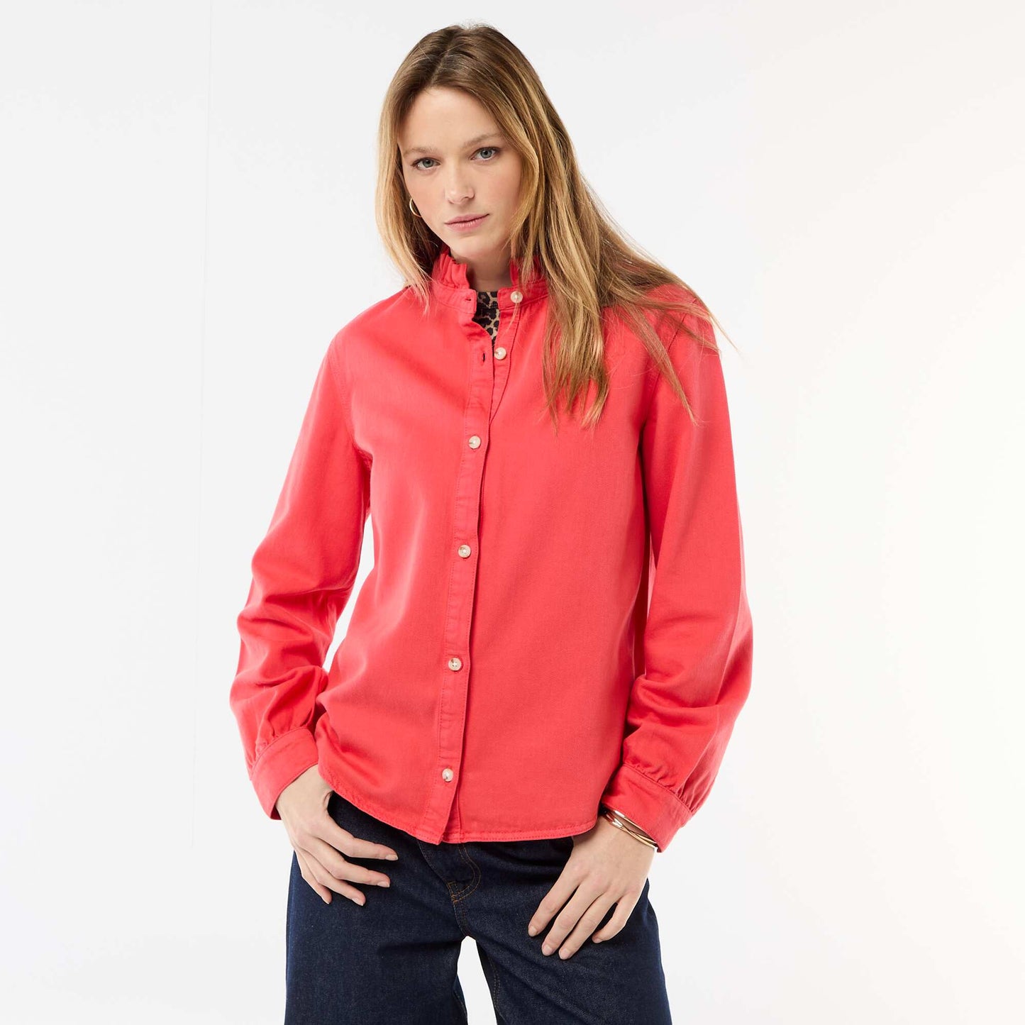 Denim Blouse with Ruffled Collar RED
