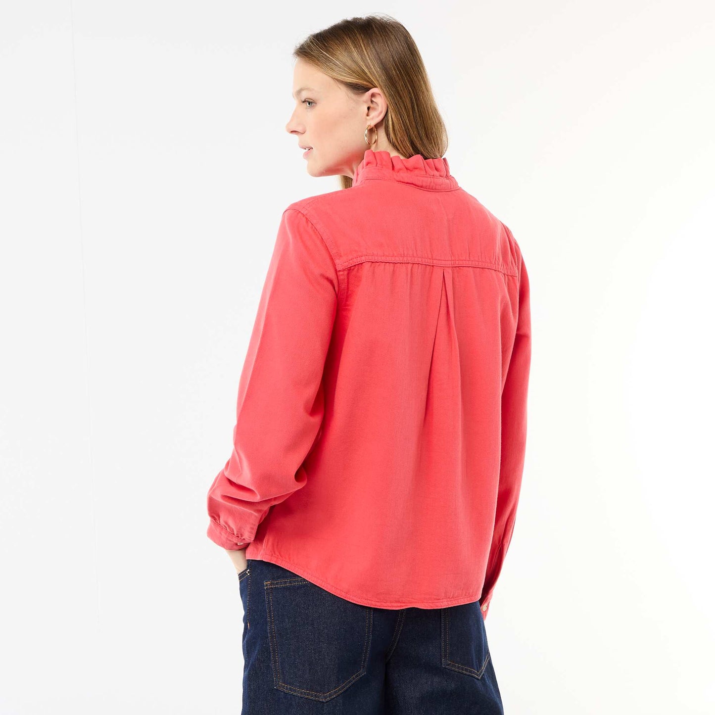 Denim Blouse with Ruffled Collar RED