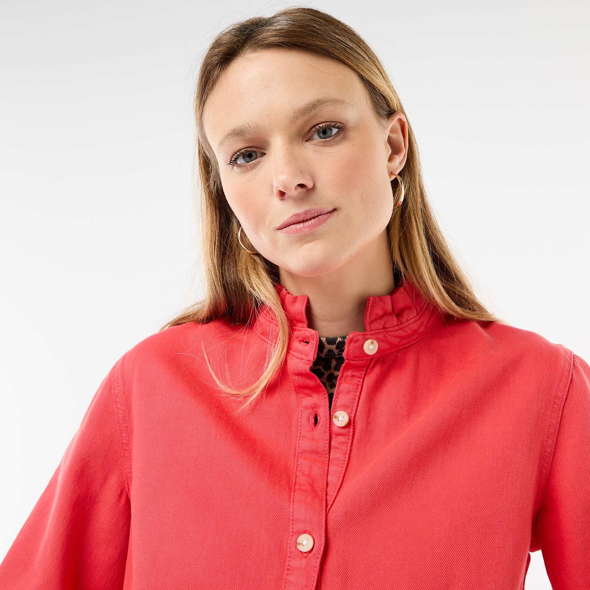 Denim Blouse with Ruffled Collar RED