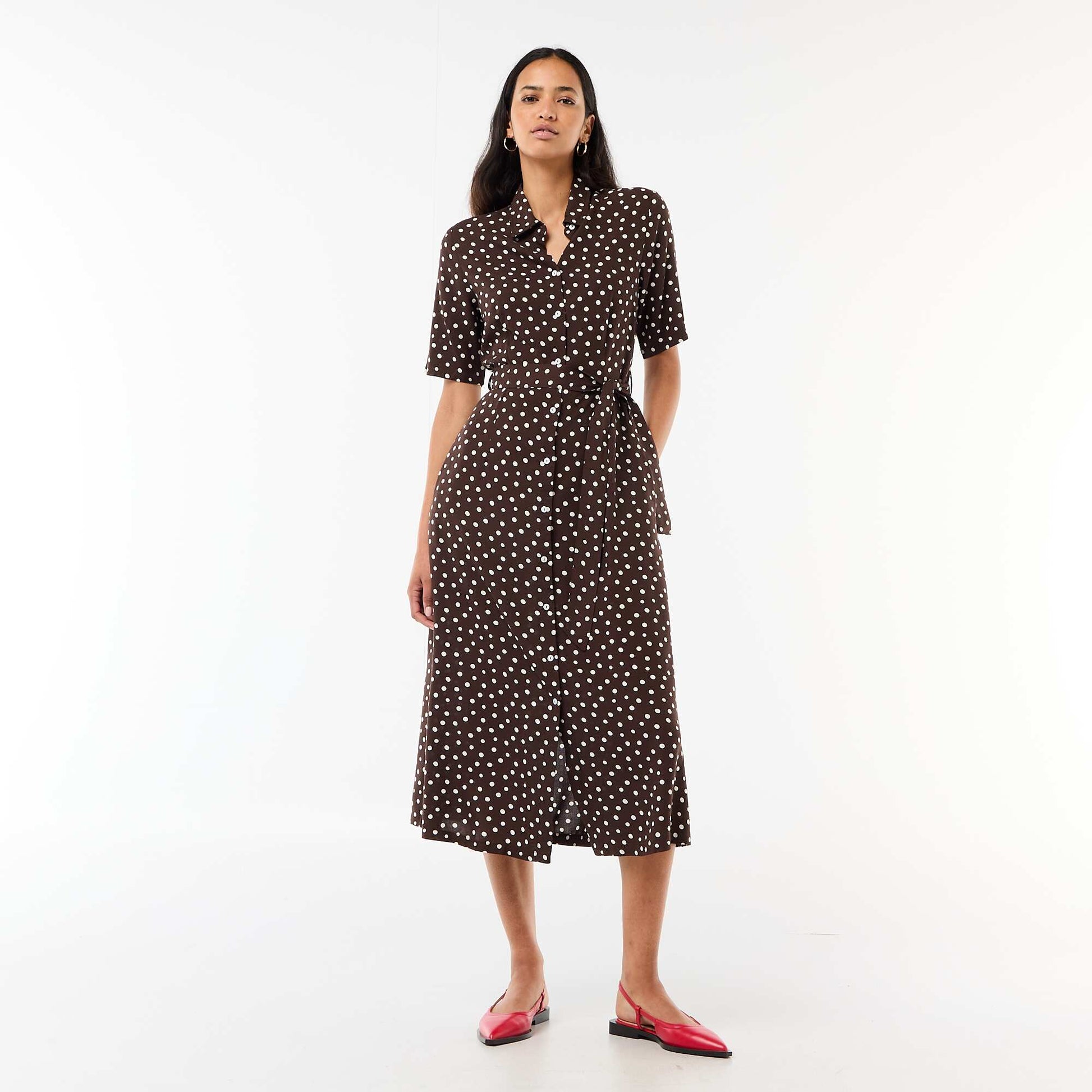 Long Shirt Dress with Tie Belt BROWN
