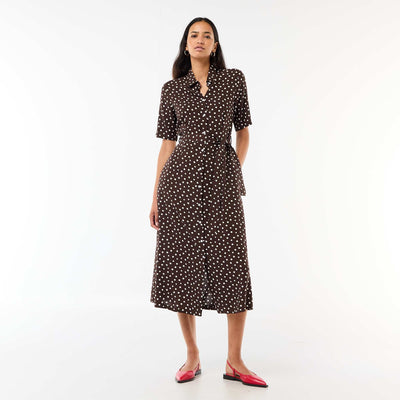 Long Shirt Dress with Tie Belt BROWN