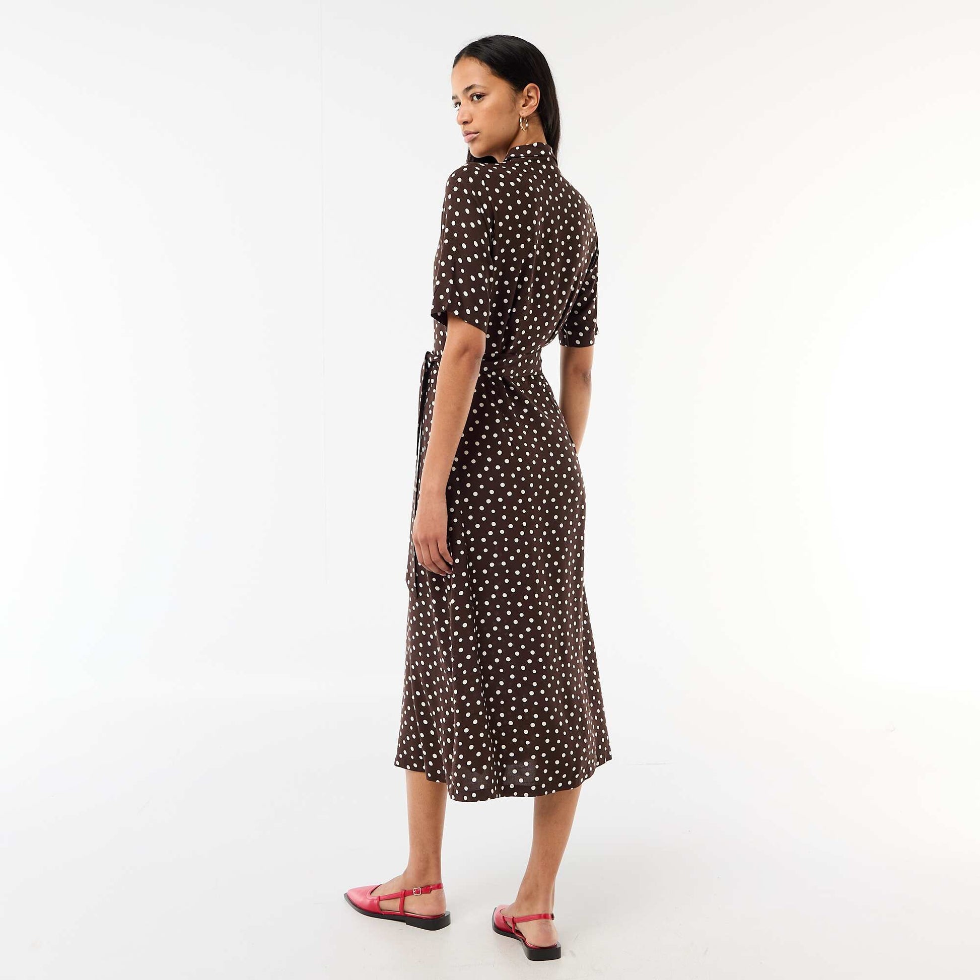 Long Shirt Dress with Tie Belt BROWN