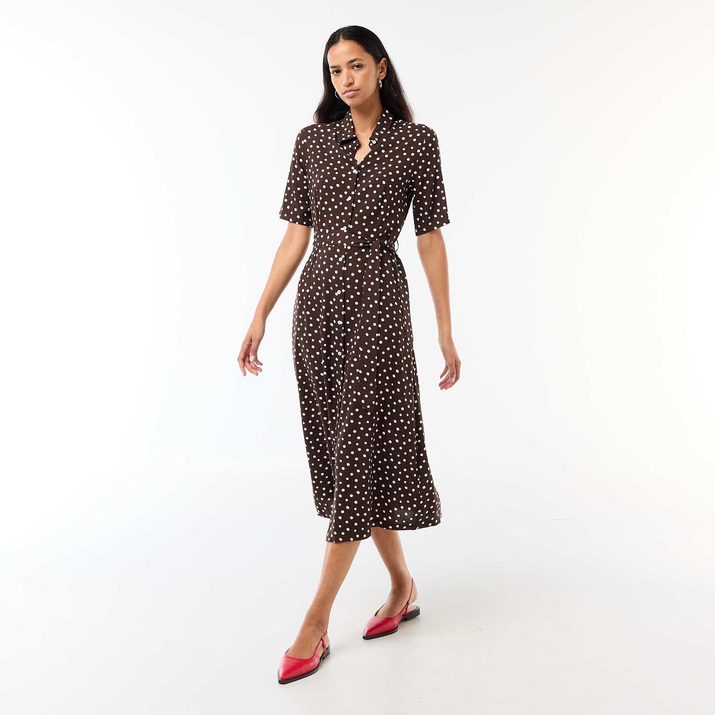 Long Shirt Dress with Tie Belt BROWN