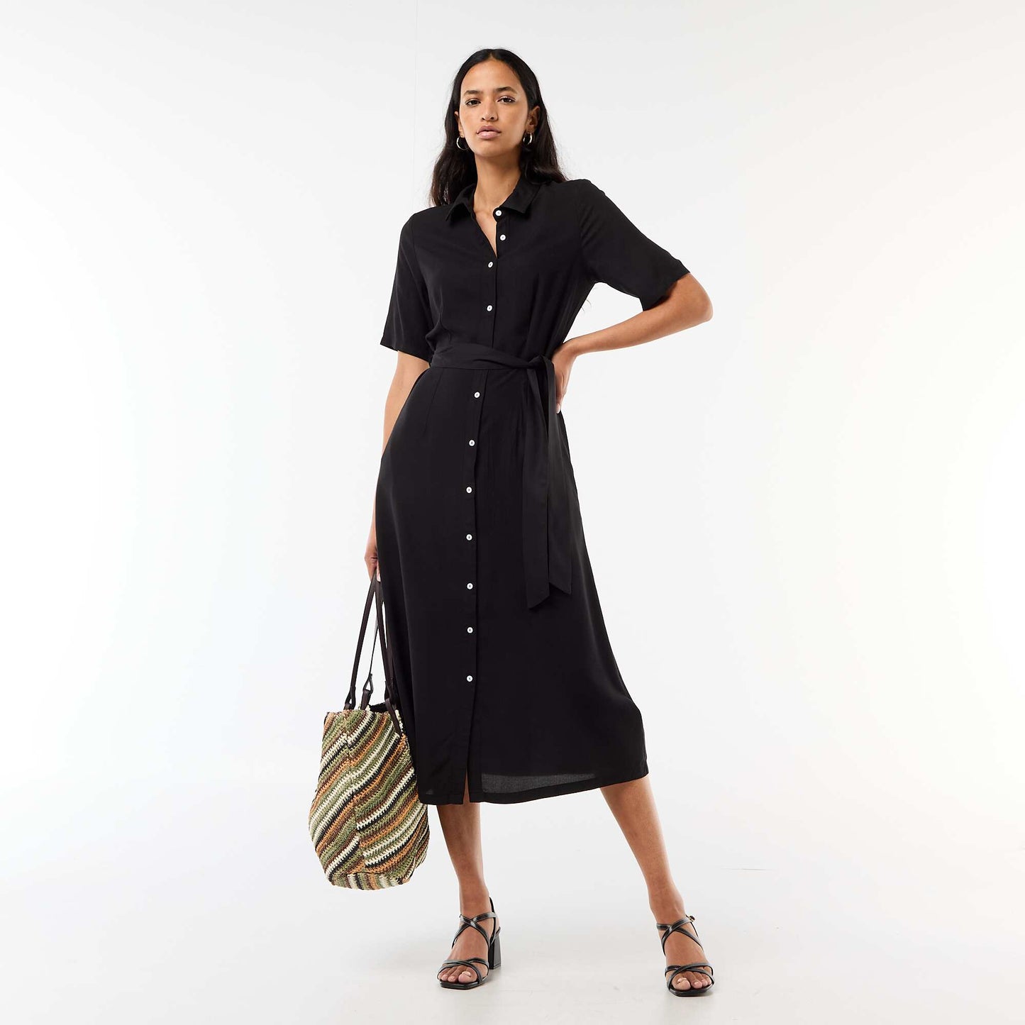 Long Shirt Dress with Tie Belt BLACK