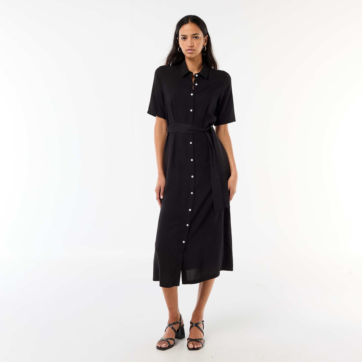 Long Shirt Dress with Tie Belt BLACK