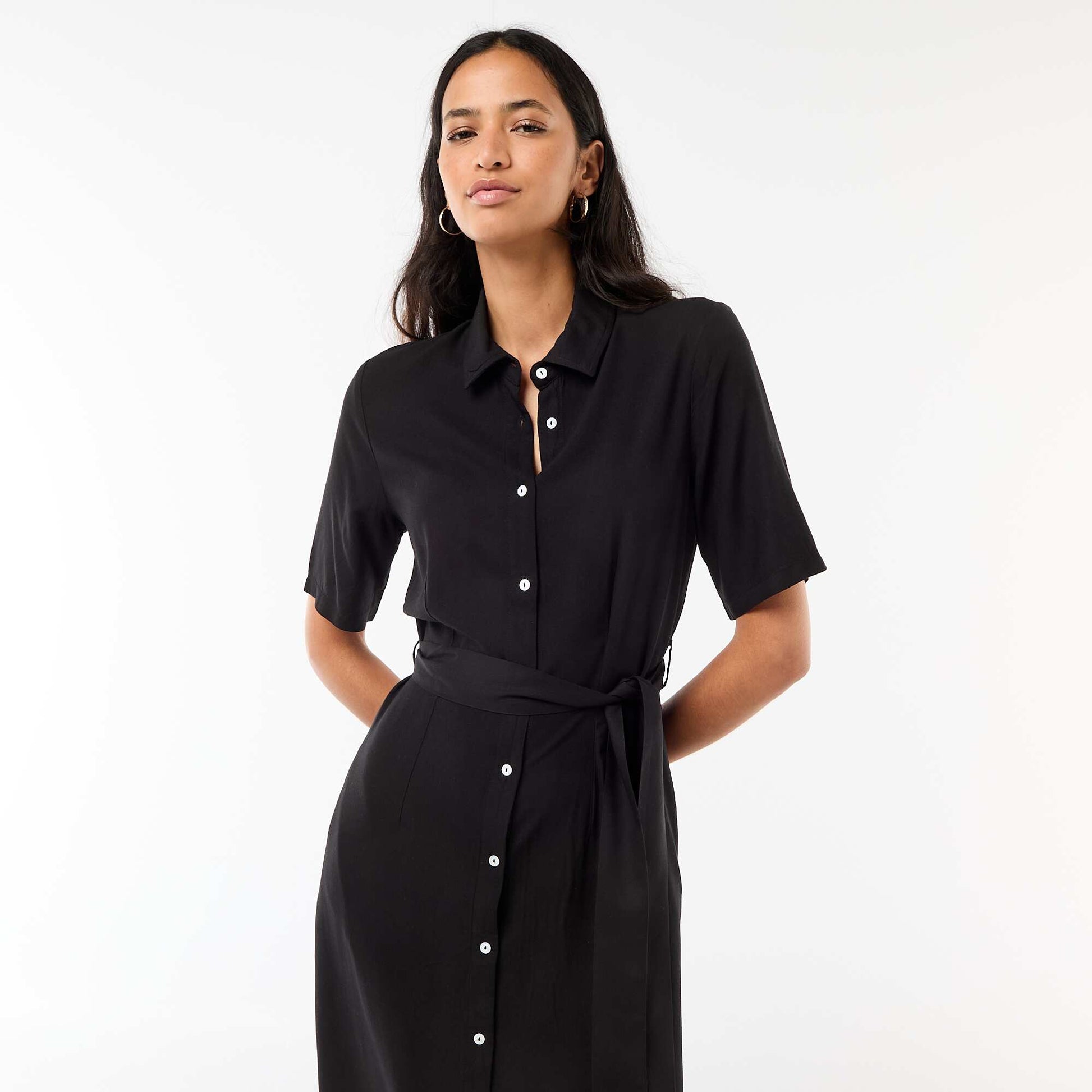Long Shirt Dress with Tie Belt BLACK