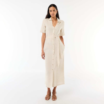 Cotton and Linen Short-Sleeve Long Shirt Dress BEIGE