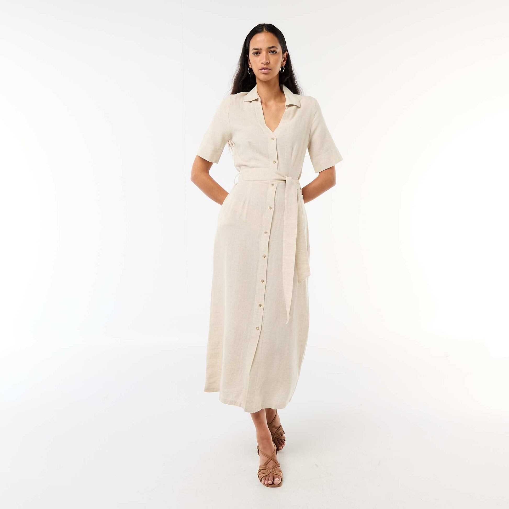 Cotton and Linen Short-Sleeve Long Shirt Dress BEIGE