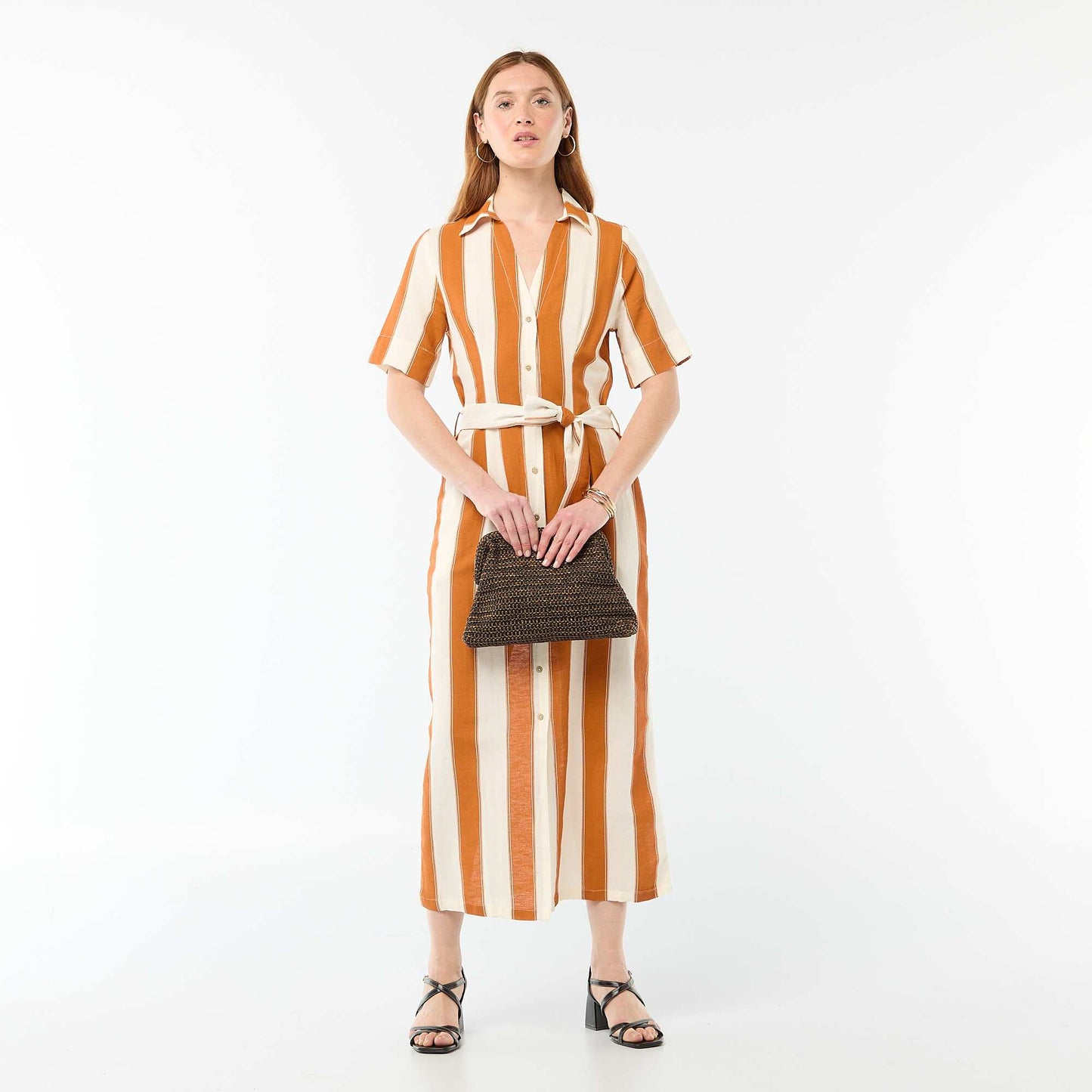 Short-Sleeved Cotton and Linen Long Shirt Dress PINK