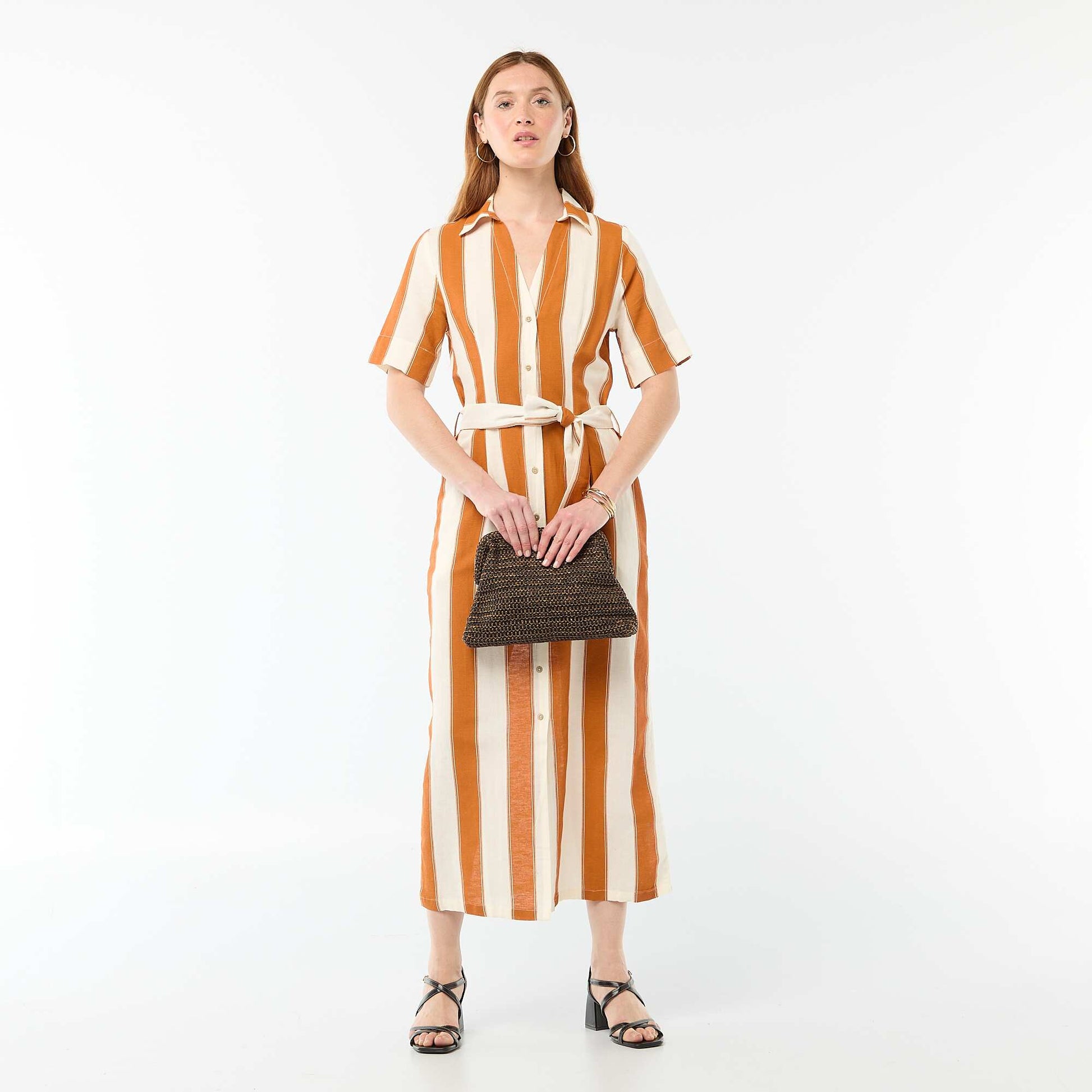 Short-Sleeved Cotton and Linen Long Shirt Dress PINK