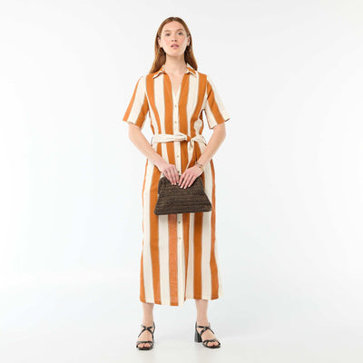 Short-Sleeved Cotton and Linen Long Shirt Dress PINK