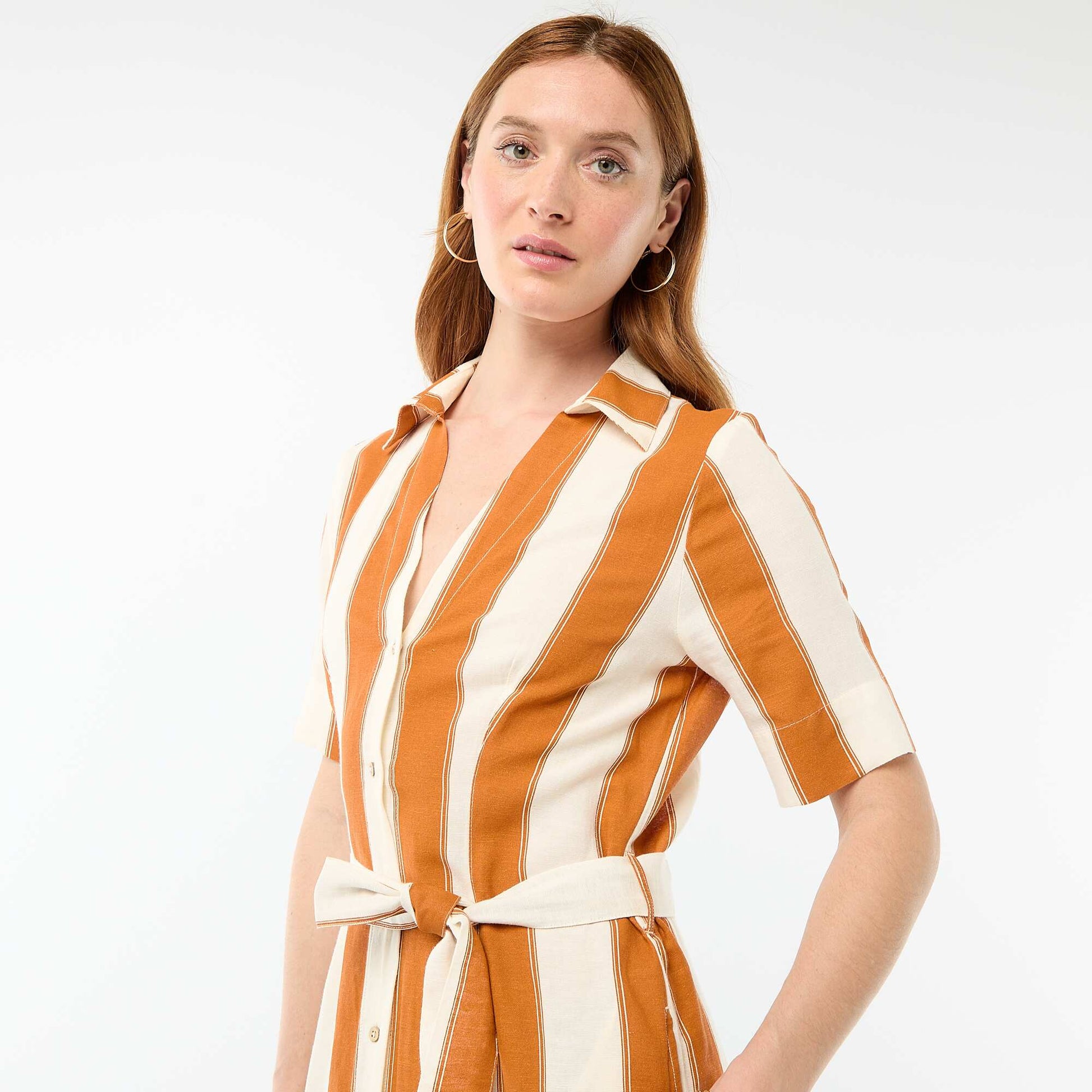 Short-Sleeved Cotton and Linen Long Shirt Dress PINK