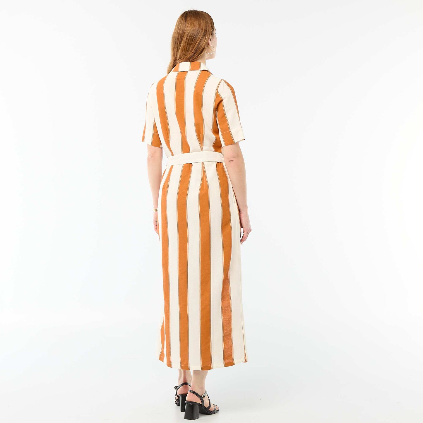 Short-Sleeved Cotton and Linen Long Shirt Dress PINK