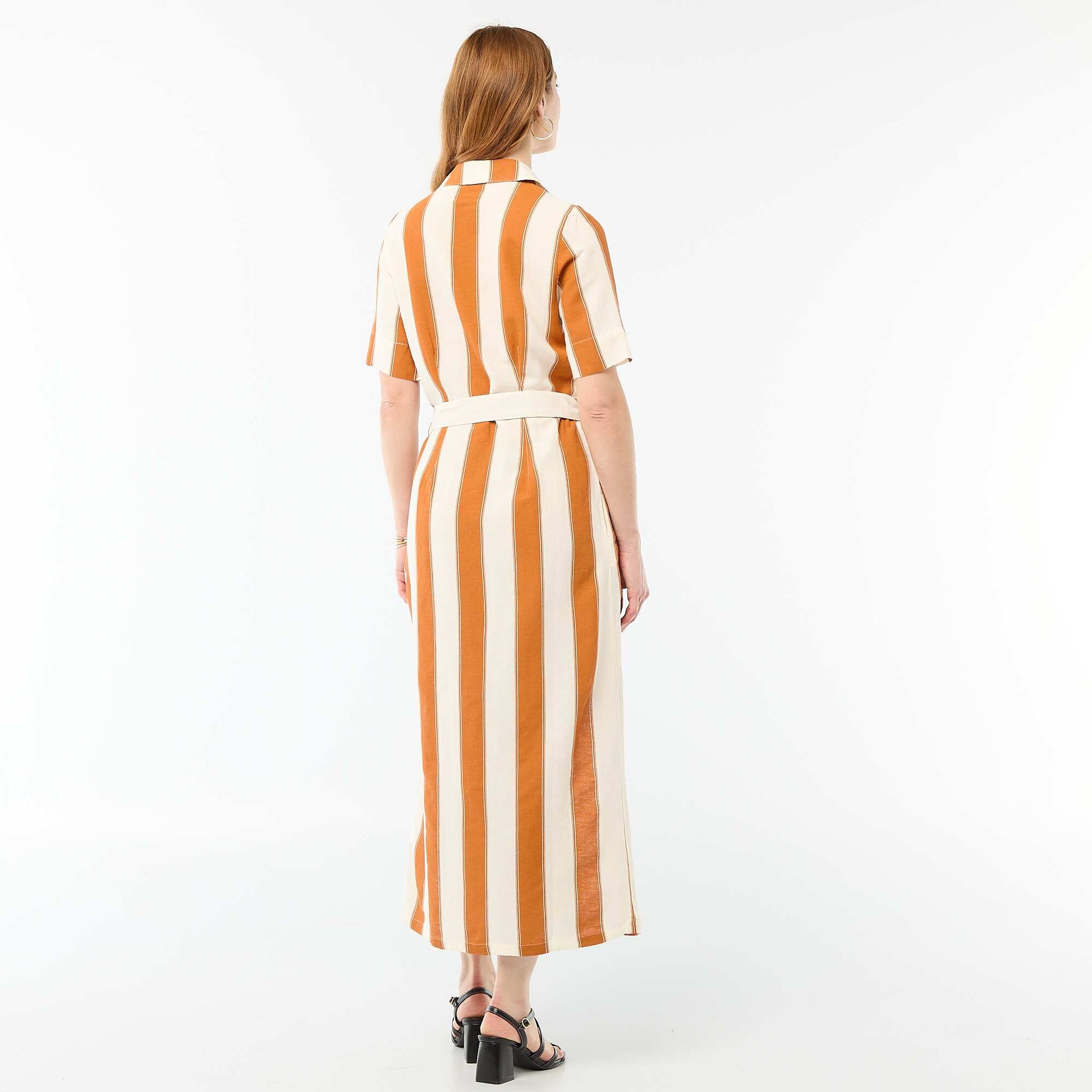 Short-Sleeved Cotton and Linen Long Shirt Dress PINK