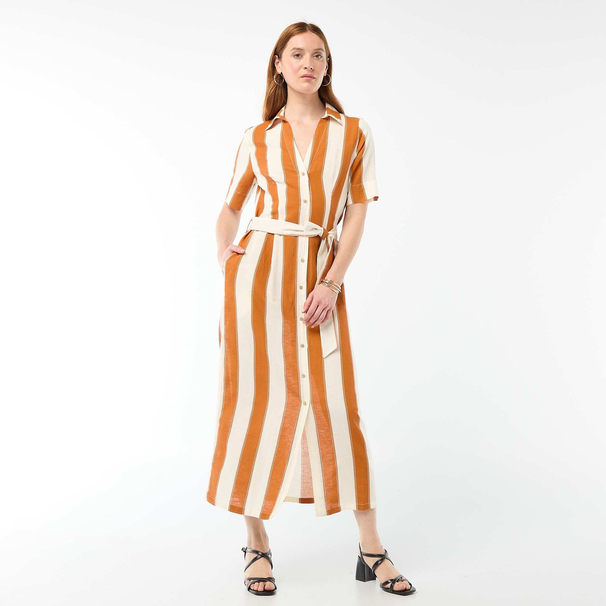 Short-Sleeved Cotton and Linen Long Shirt Dress PINK