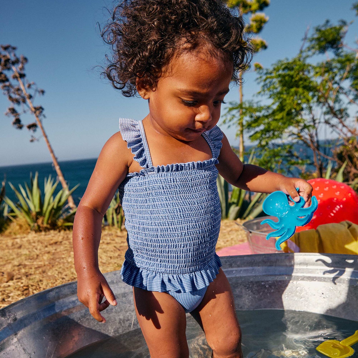 Smocked Ruffled One-Piece Swimsuit BLUE