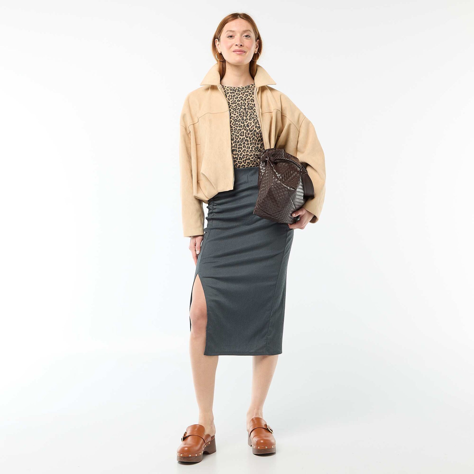 Textured Knit Midi Skirt GREY
