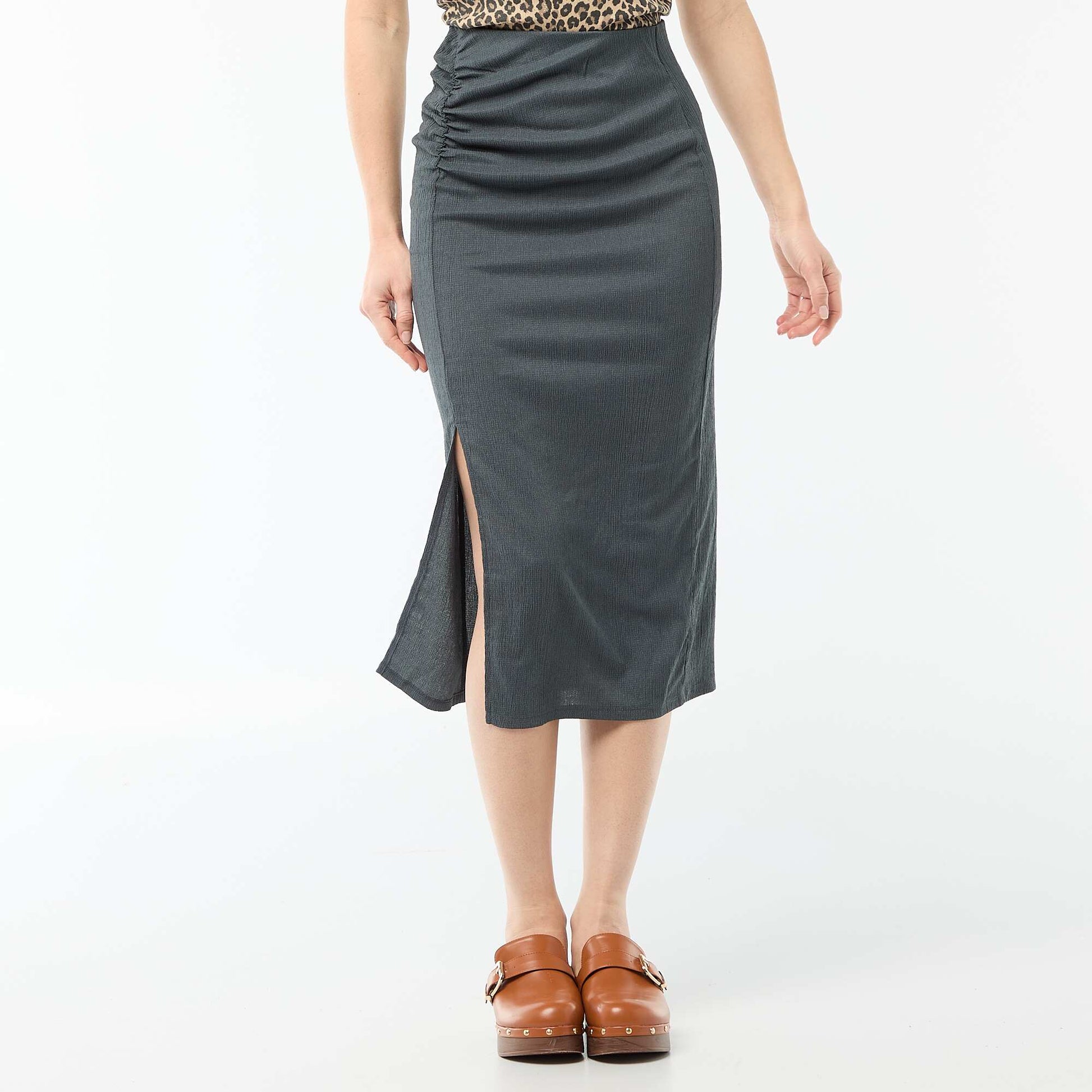 Textured Knit Midi Skirt GREY
