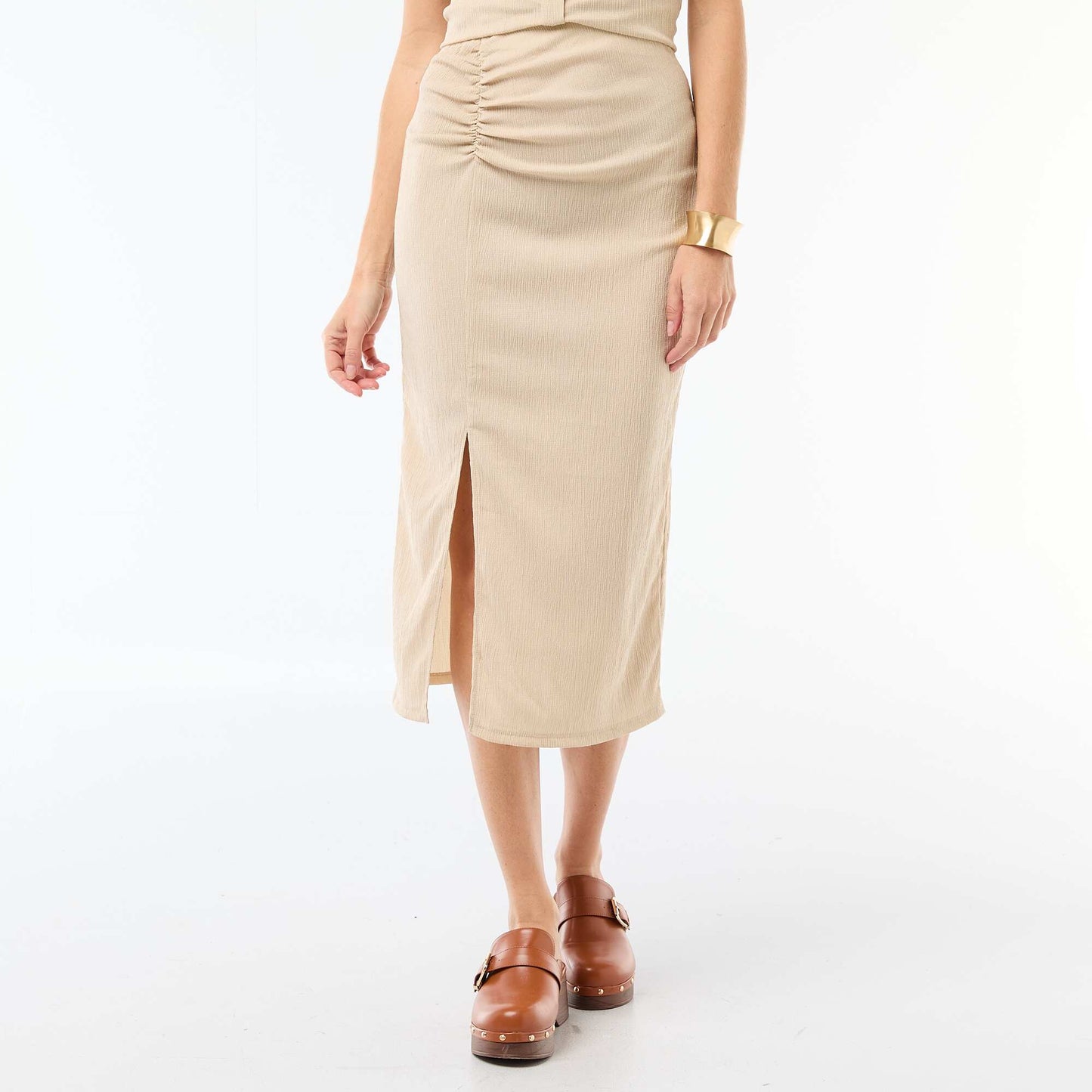 Textured Knit Midi Skirt BEIGE