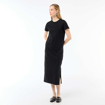 Long jersey dress with short sleeves BLACK