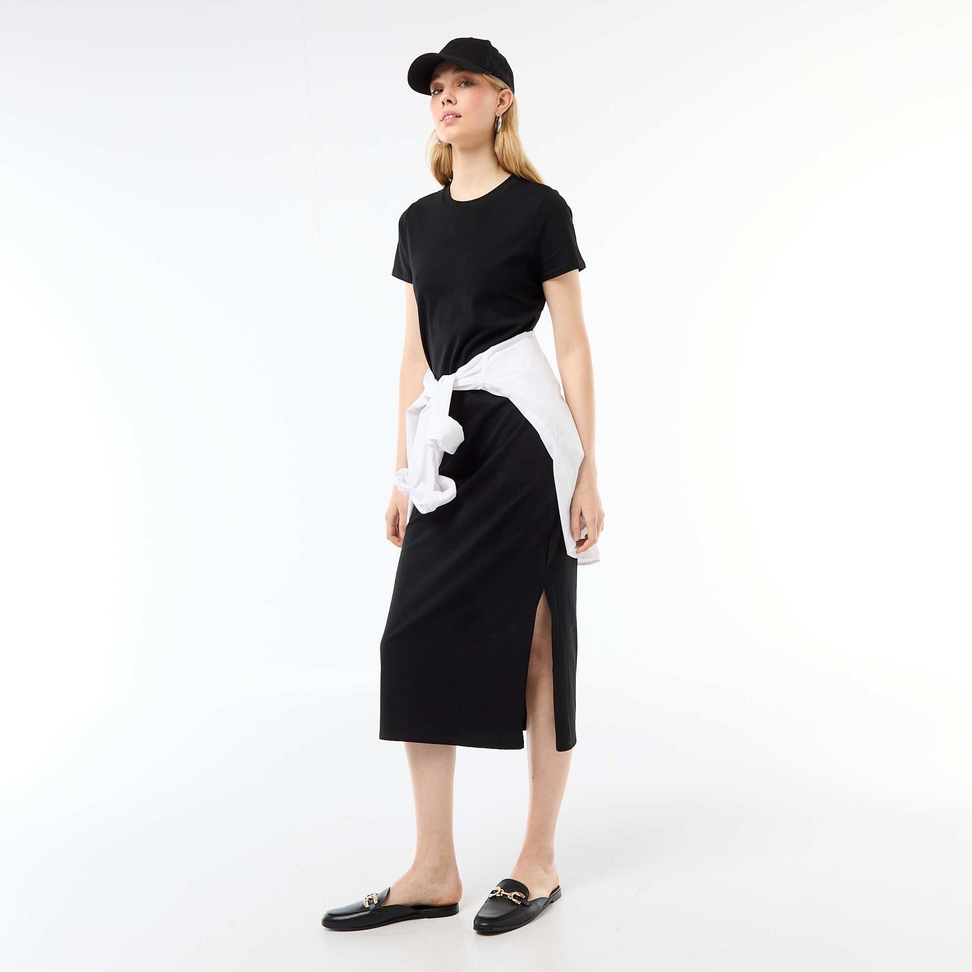 Long jersey dress with short sleeves BLACK