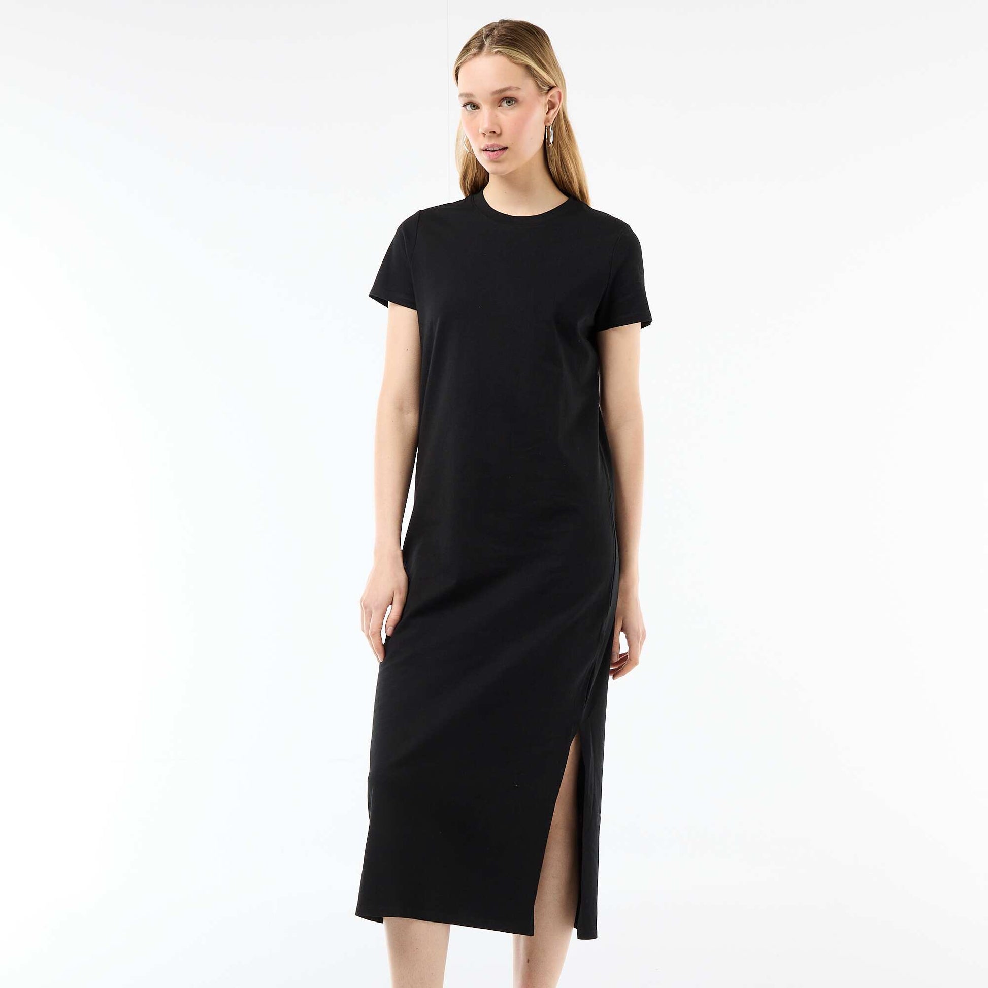 Long jersey dress with short sleeves BLACK