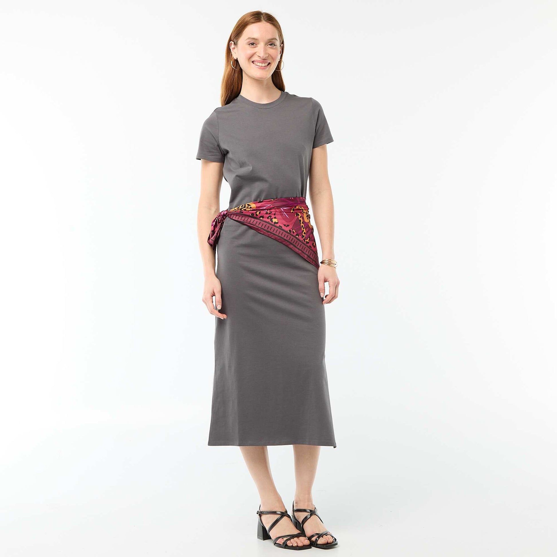 Long jersey dress with short sleeves GREY