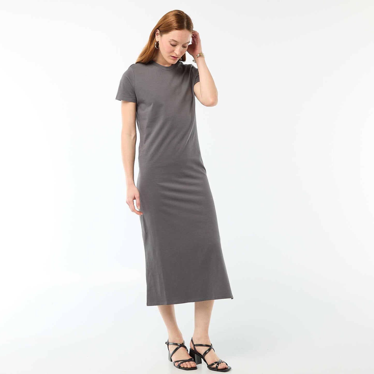 Long jersey dress with short sleeves GREY