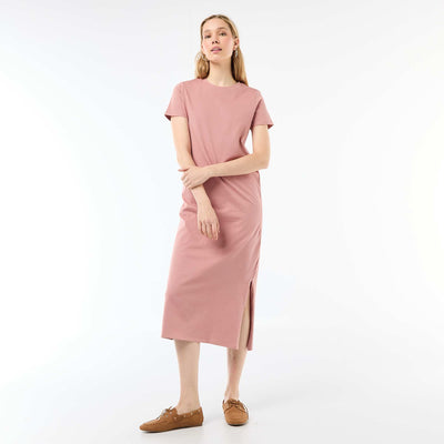Long jersey dress with short sleeves PINK
