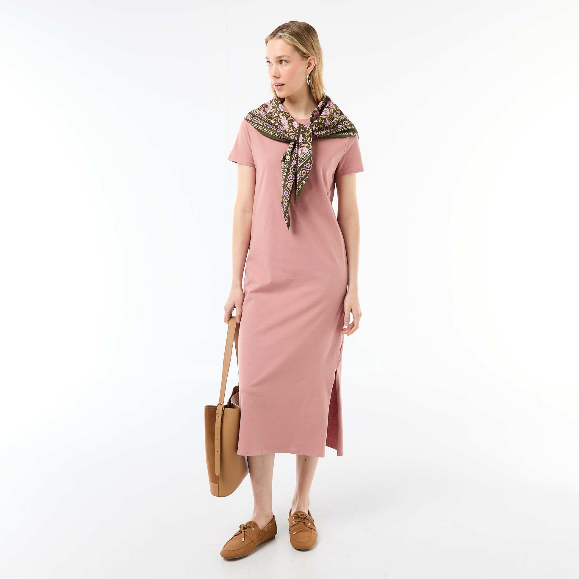 Long jersey dress with short sleeves PINK