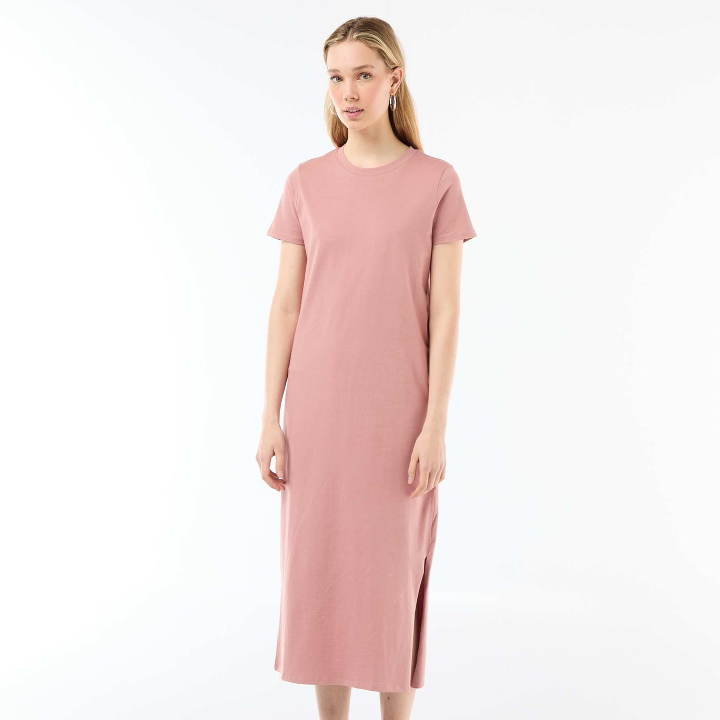 Long jersey dress with short sleeves PINK