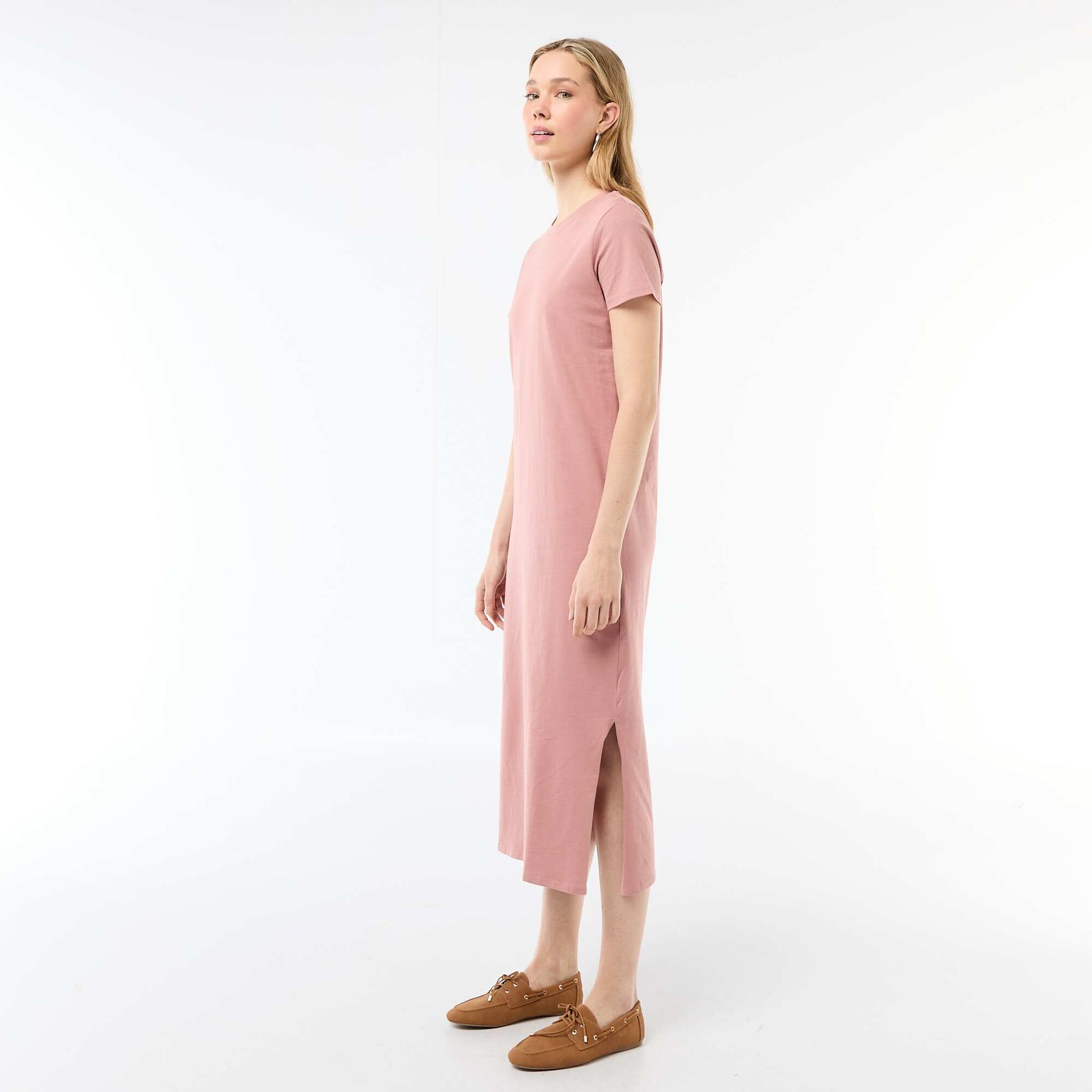 Long jersey dress with short sleeves PINK