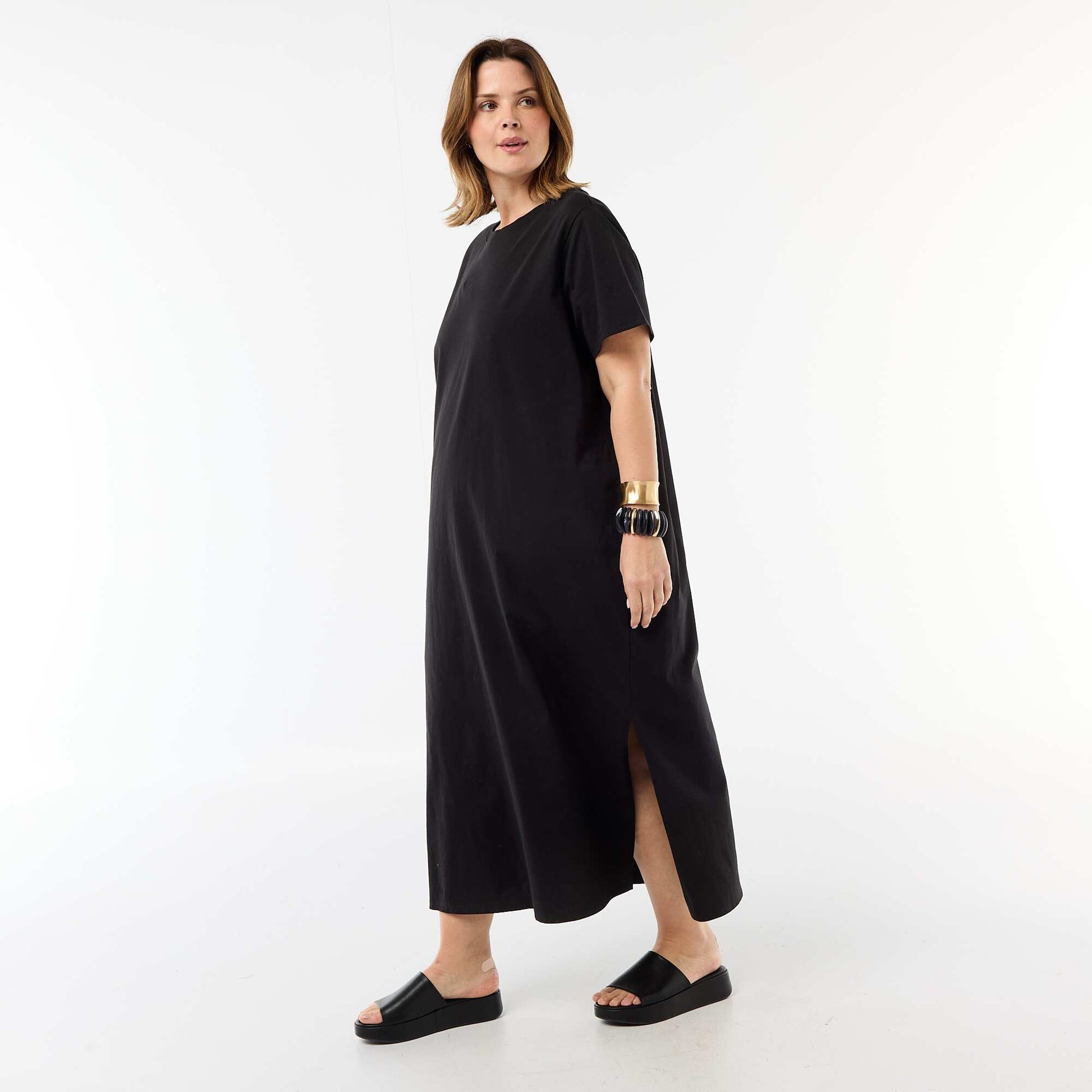 Plain long t-shirt dress BLACK