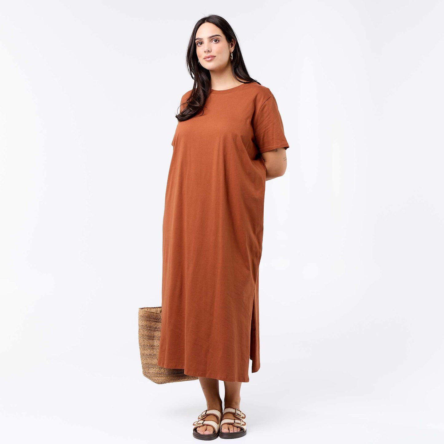 Plain long t-shirt dress BROWN
