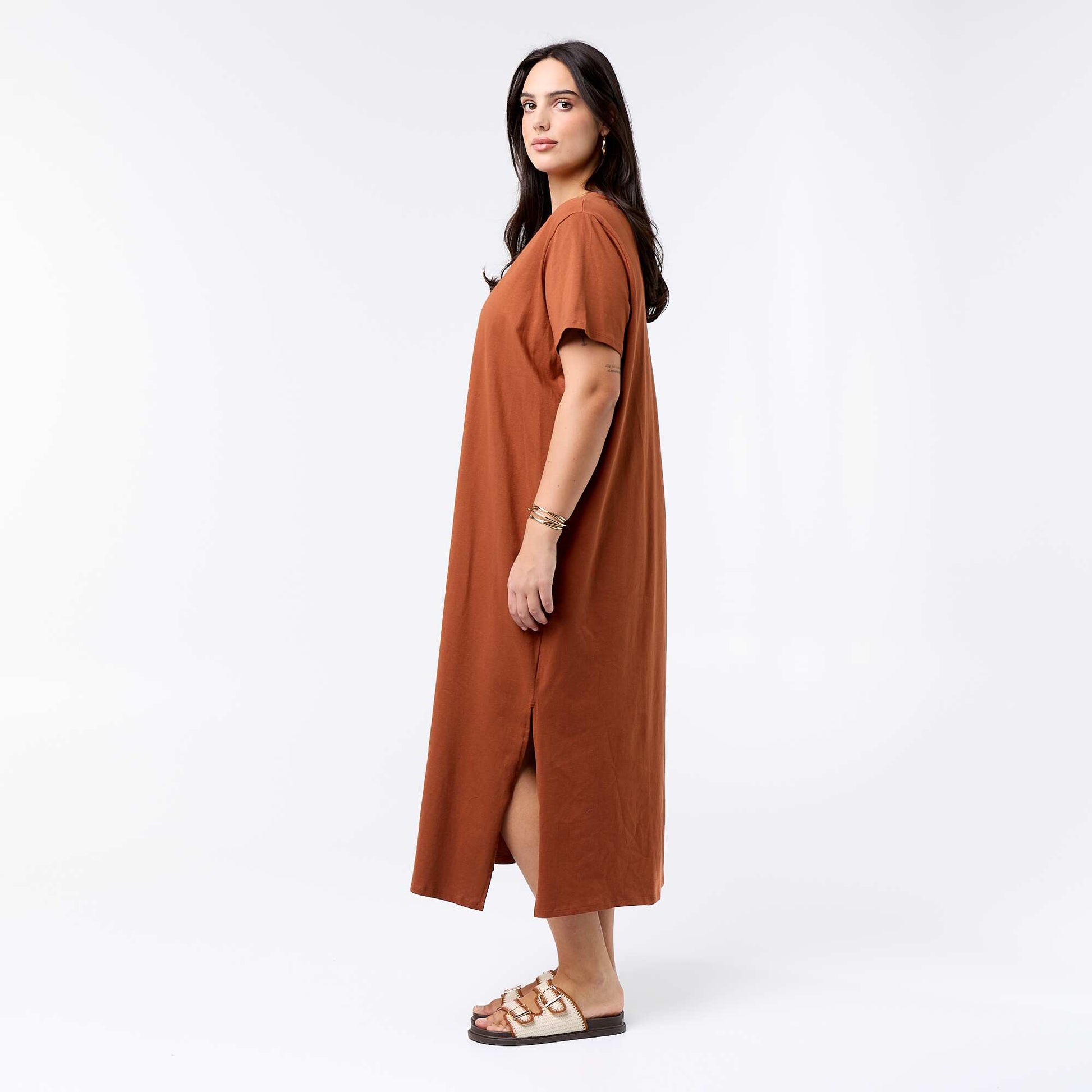 Plain long t-shirt dress BROWN