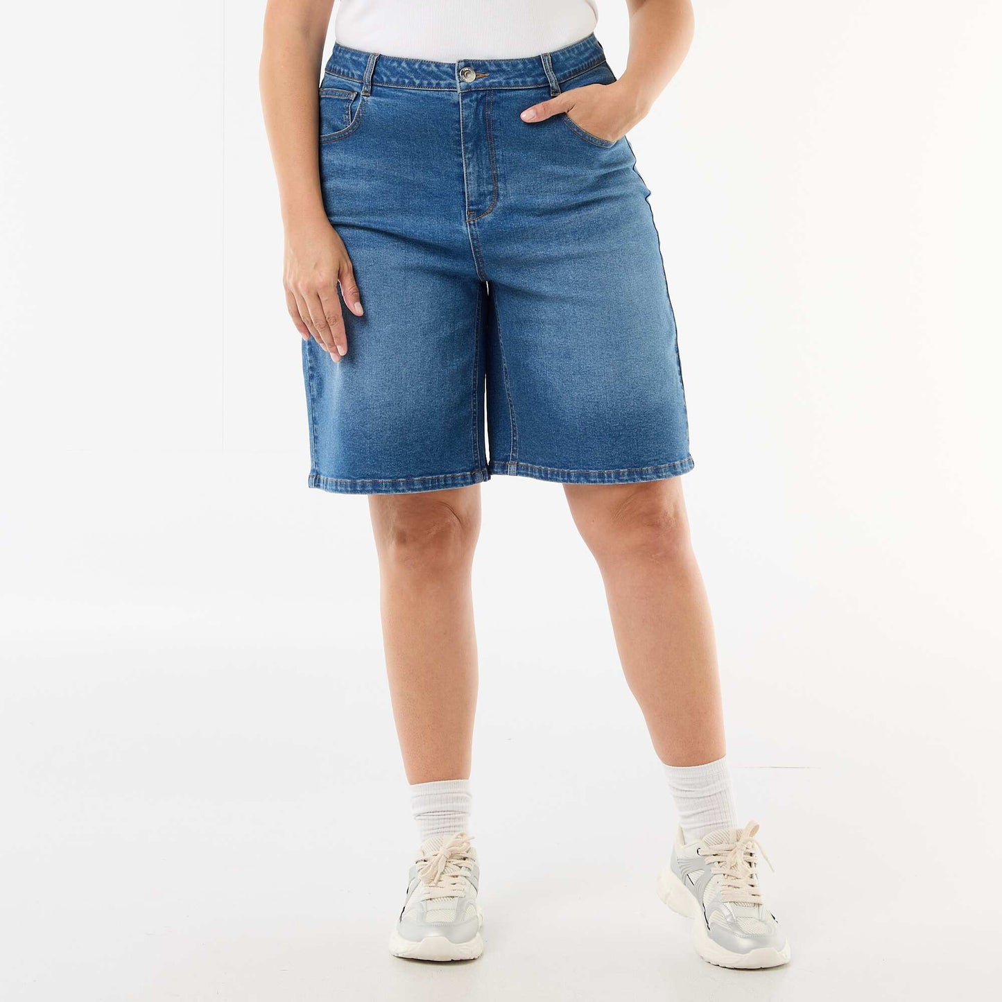 High-waisted denim Bermuda shorts BLUE